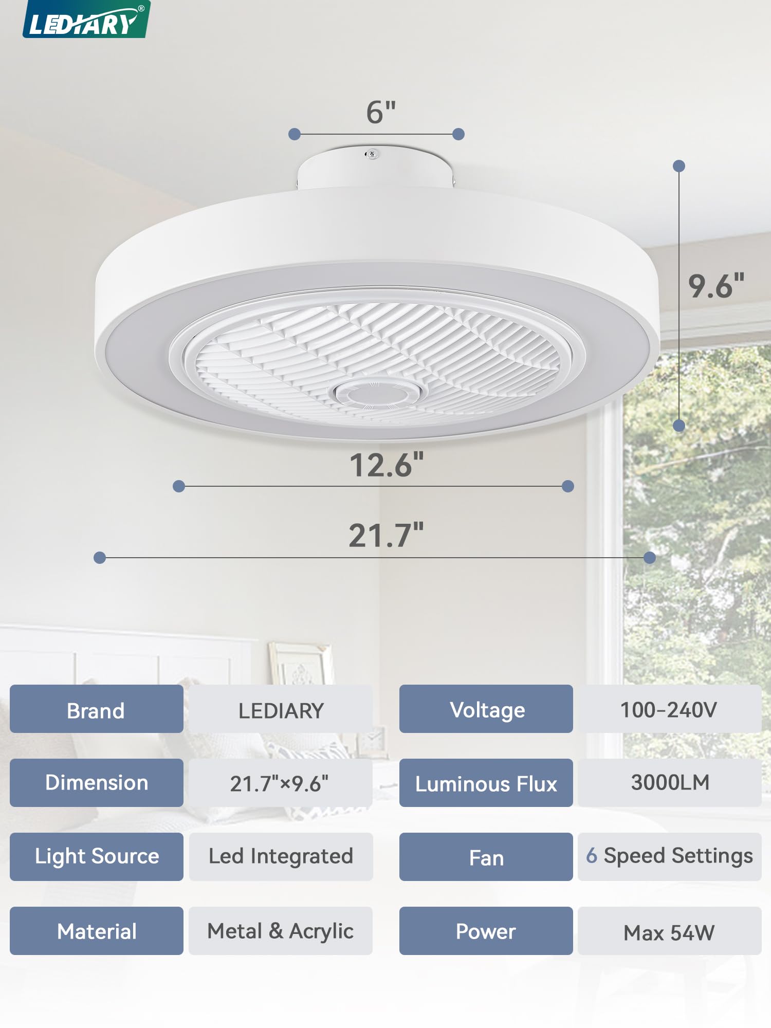LEDIARY 22 Inch Bladeless Ceiling Fan with Light & Remote - 6 Speed Adjustable, 3000-6000K Color Temperature - Modern Flush Mount LED Ceiling Fan for Bedroom, Living Room, Nursery - Energy Efficient & Quiet Operation for Home & Office Use