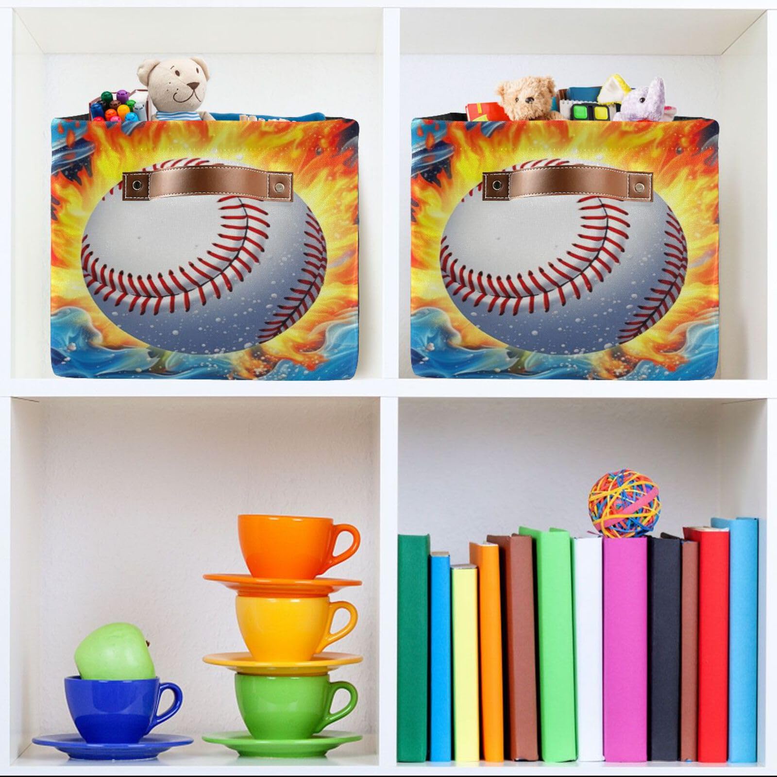 2-Pack Large Foldable Storage Baskets - Collapsible Organizer Bin Cube for Home, Office, Closet & Toy Organization | Baseball on Fire Design | Space-Saving Storage Solution