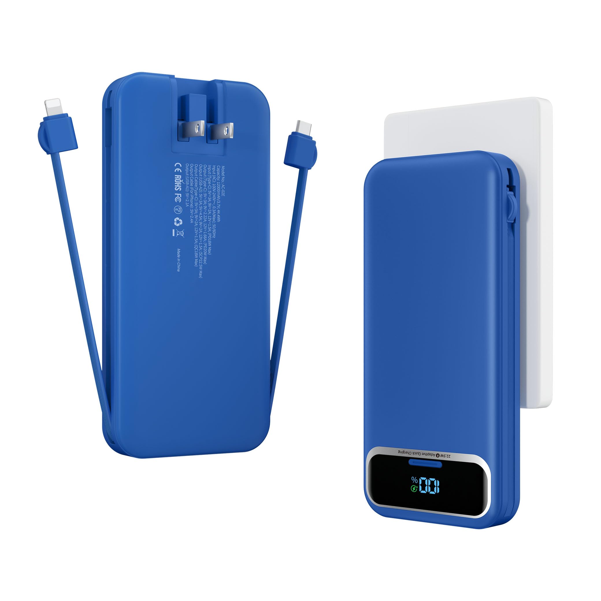 12000mAh Portable Charger Power Bank with Built-in Cables & AC Plug - PD20W USB-C Fast Charging, LED Display - Compact Travel Phone Charger for iPhone 15/14/13, Samsung Galaxy S23/S22, Android Devices | Perfect for Air Travel, Camping & Emergency Power Backup