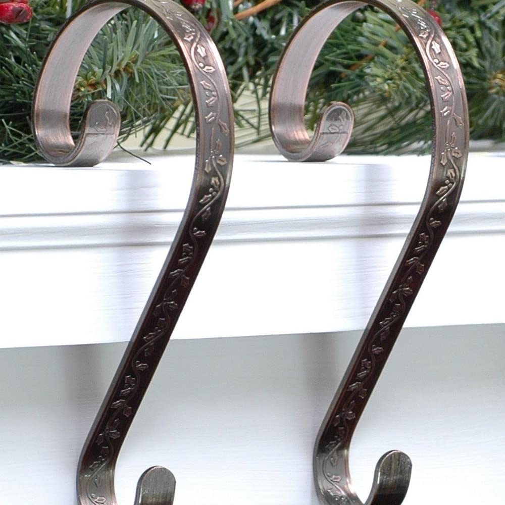 Holly Embossed Stocking Hanger 2-Pack - Oil-Rubbed Bronze for Christmas Mantel Decor