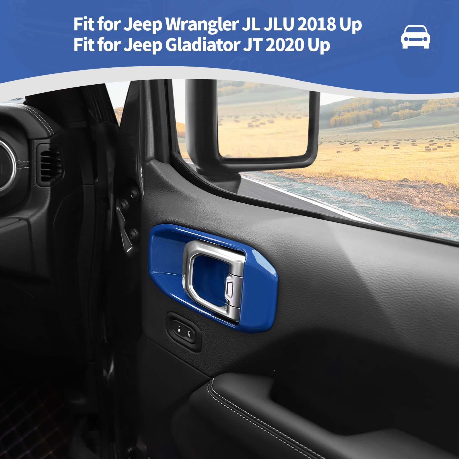 Jeep Wrangler JL & JLU (2018+) & Gladiator JT (2020+) Blue Inner Door Handle Bowl Cover Trim - Interior Accessories Set of 4 - Upgrade Your Jeep's Style & Protection - Perfect for Off-Roading & Daily Driving