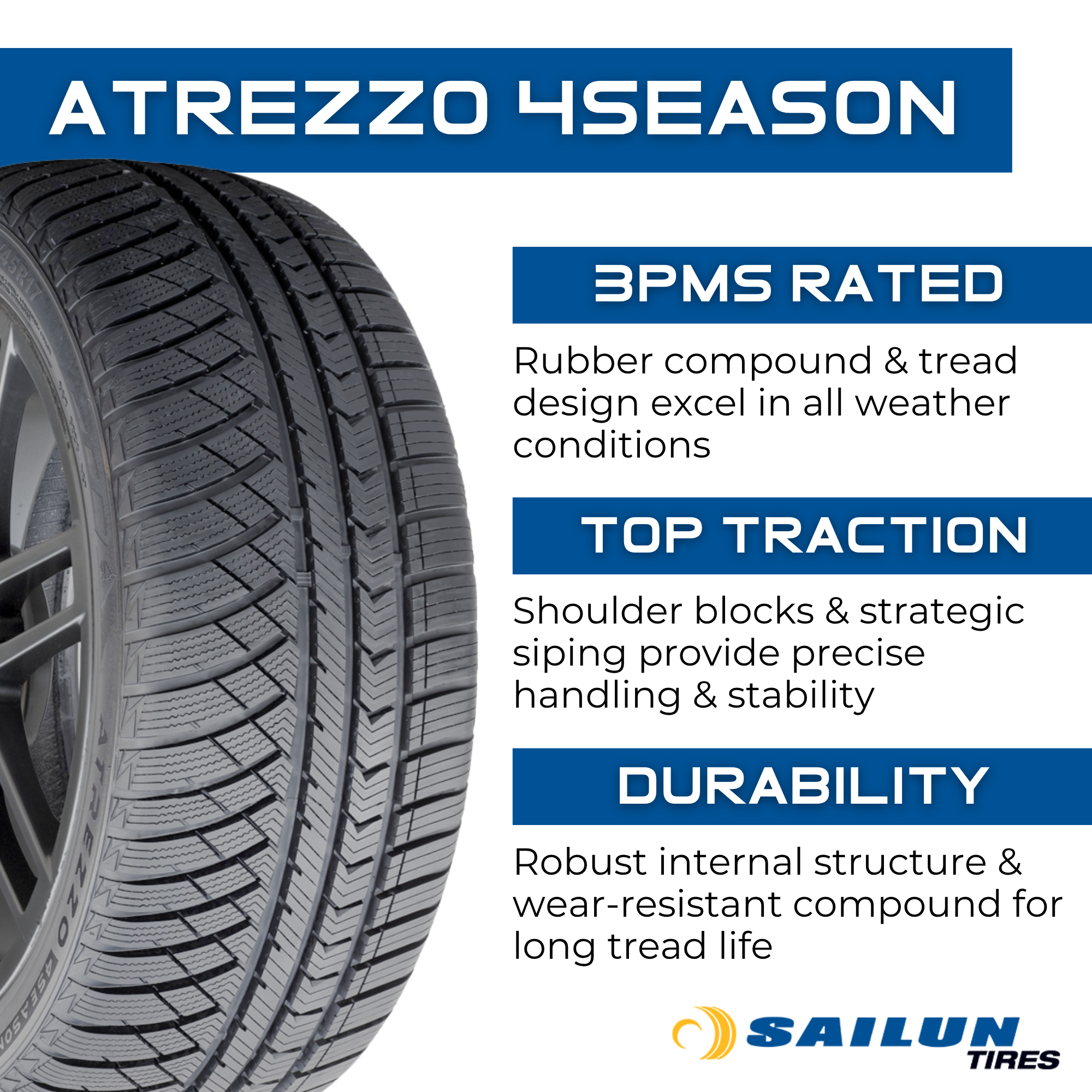 Sailun Atrezzo 4Season 175/65R15 84H All-Season Tire - Durable Performance for Cars, SUVs & Light Trucks - Ideal for Highway, City & Winter Driving