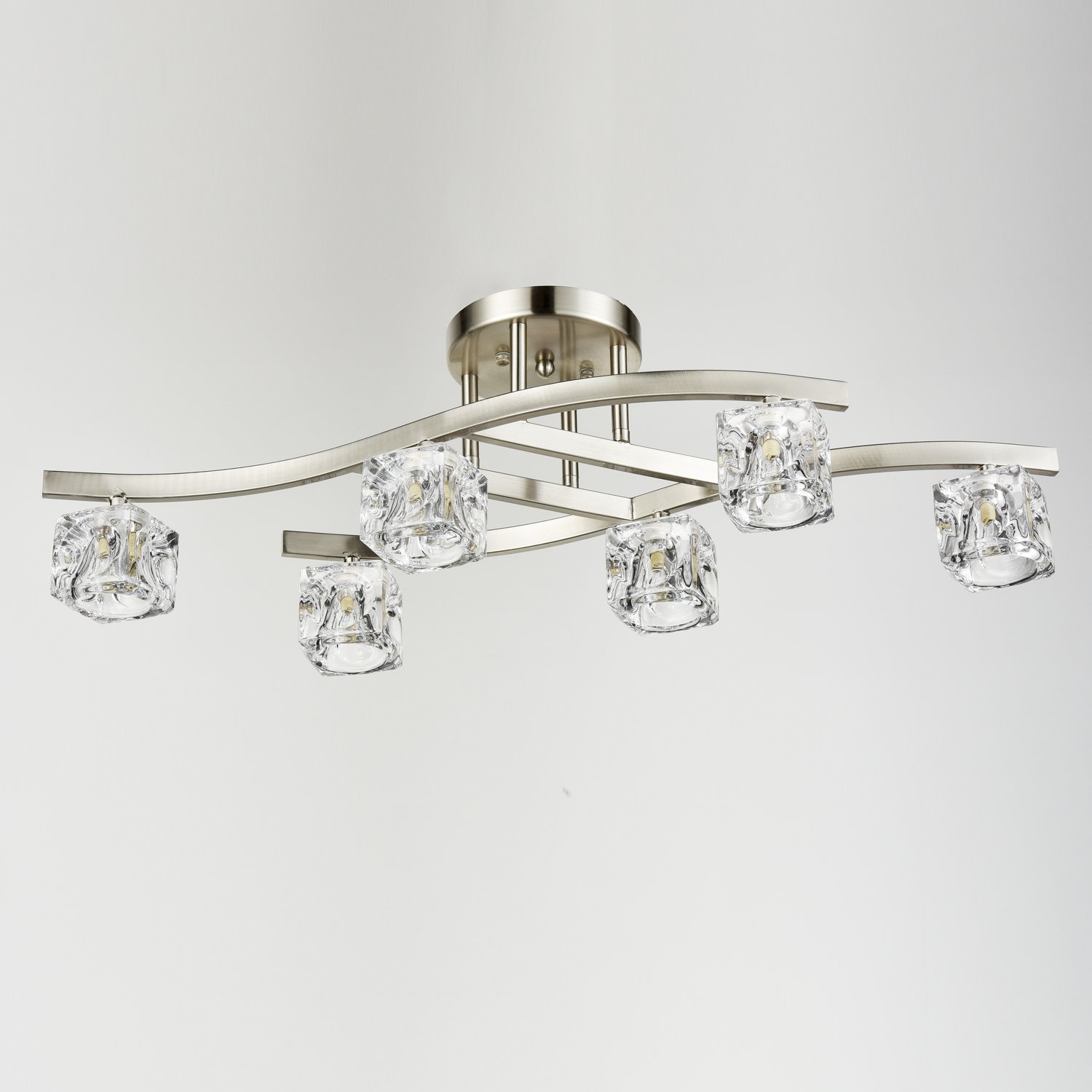 Modern Crystal Ceiling Light Fixture with Glass Ice Cube - 6-Light Chandelier for Dining Room, Living Room & Bedroom | Elegant LED Lighting for Home Decor