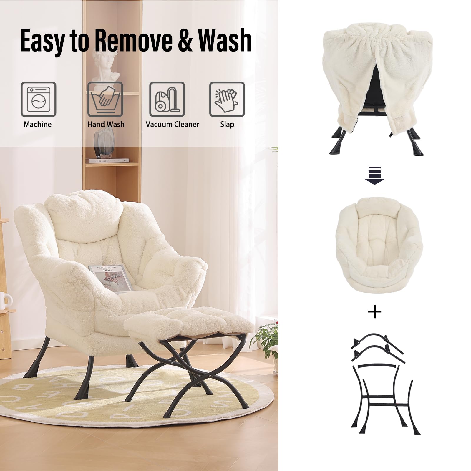 Modern Lazy Chair with Ottoman - Plush Beige Lounge Accent Chair with Folding Footrest for Living Room, Bedroom & Study | Comfortable Reading Chair for Relaxing, Napping & Lounging at Home