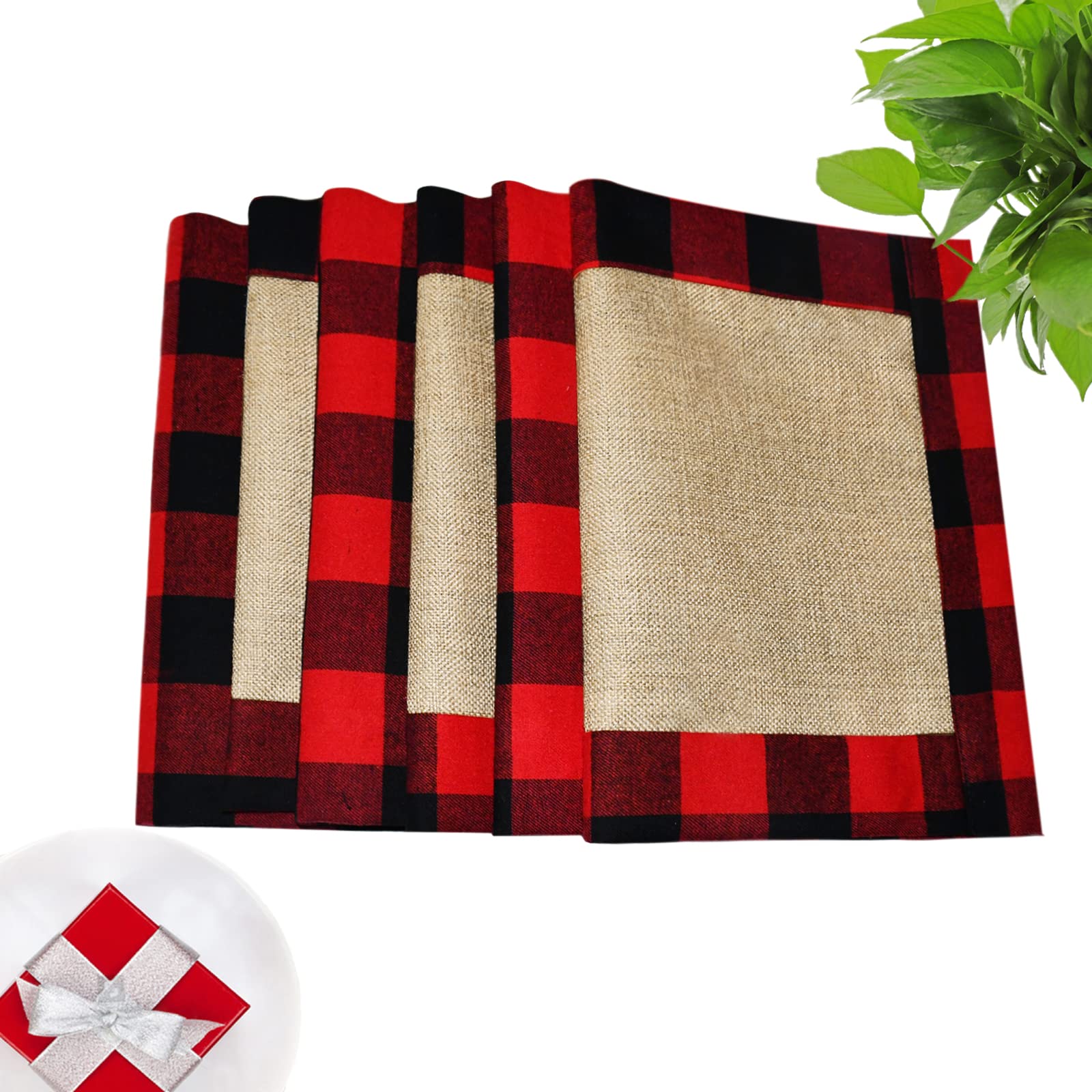 Senneny Set of 6 Christmas Placemats - Buffalo Check Red Black Plaid Reversible Burlap & Cotton Holiday Table Mats for Christmas Decorations | Perfect for Holiday Dinner Parties, Festive Table Settings & Home Decor