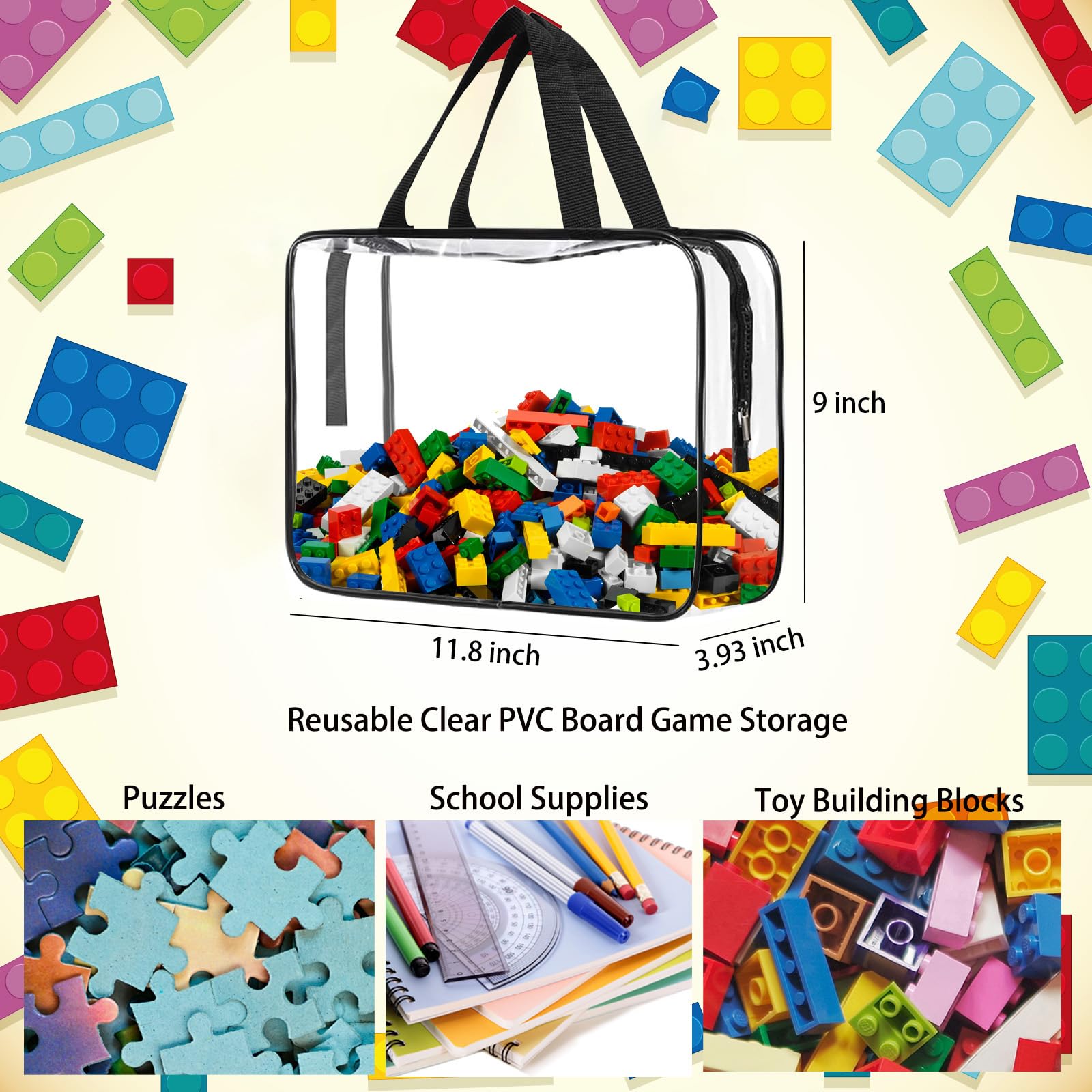 4 Pack Large Clear PVC Zipper Toy Storage Bags - Waterproof Organizer for Board Games, Building Blocks, Puzzles, Kids Books & Small Toys - Perfect for Home, Classroom & Travel Organization