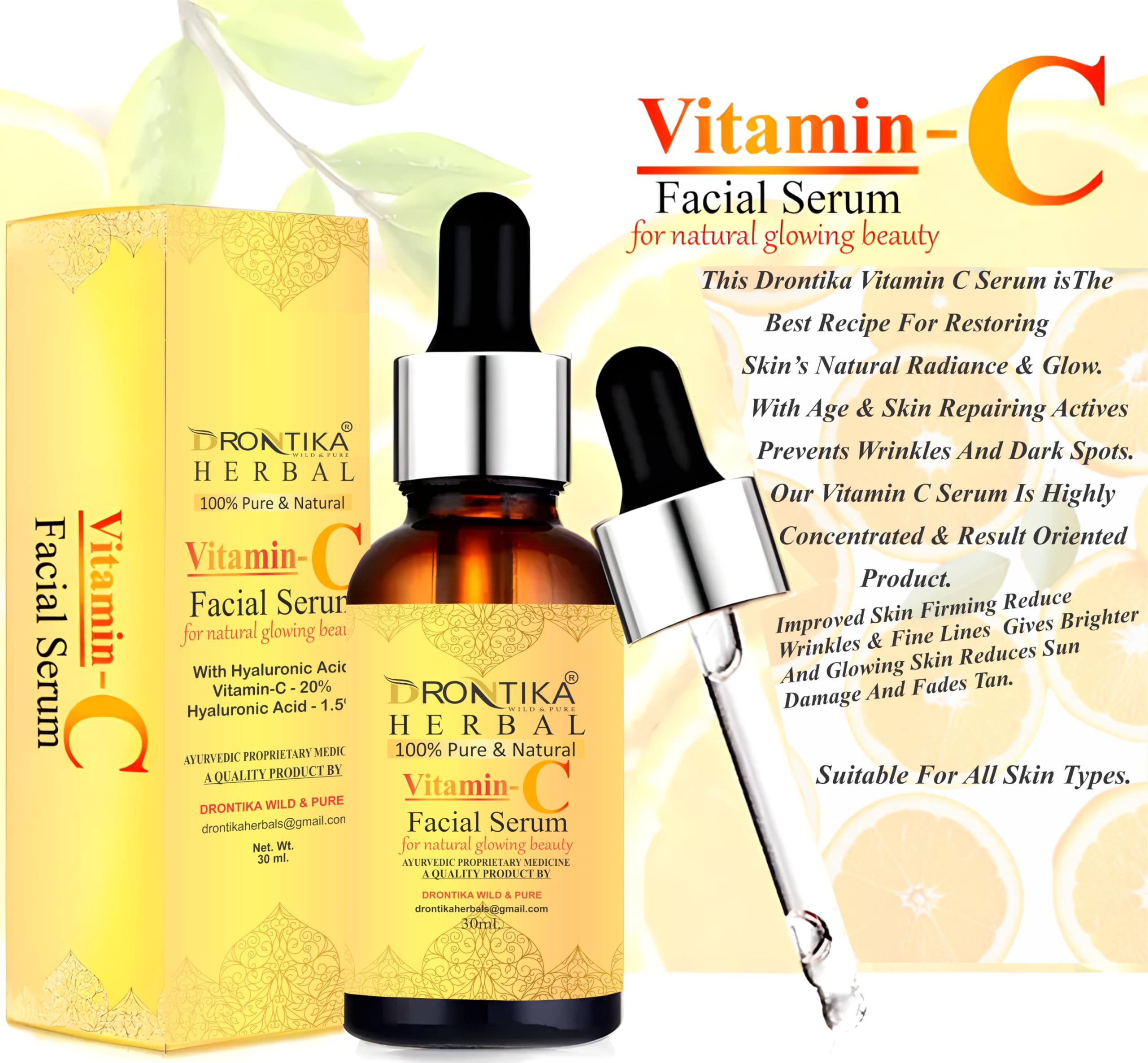 Drontika 100% Pure & Natural Vitamin C Face Serum for Brightening Skin - 30ml | Anti-Aging, Dark Spot Treatment & Glow Booster | Day & Night Skincare Routine