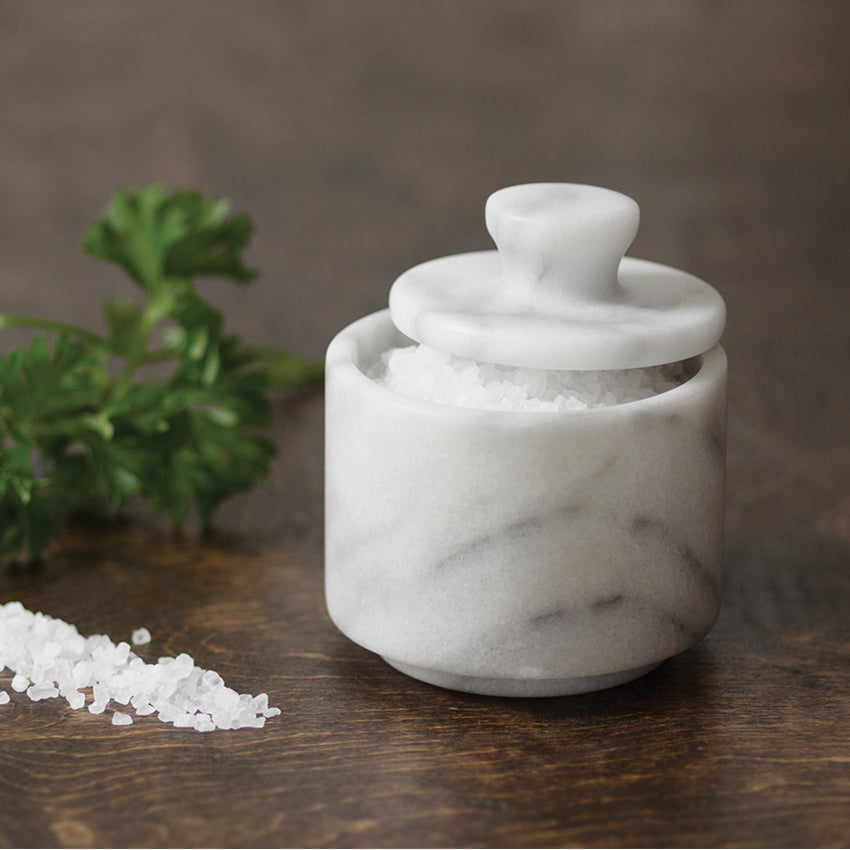 Fox Run White Marble Salt Cellar with Lid - Elegant Tabletop Salt Keeper for Kitchen, Dining Room & Restaurant Use