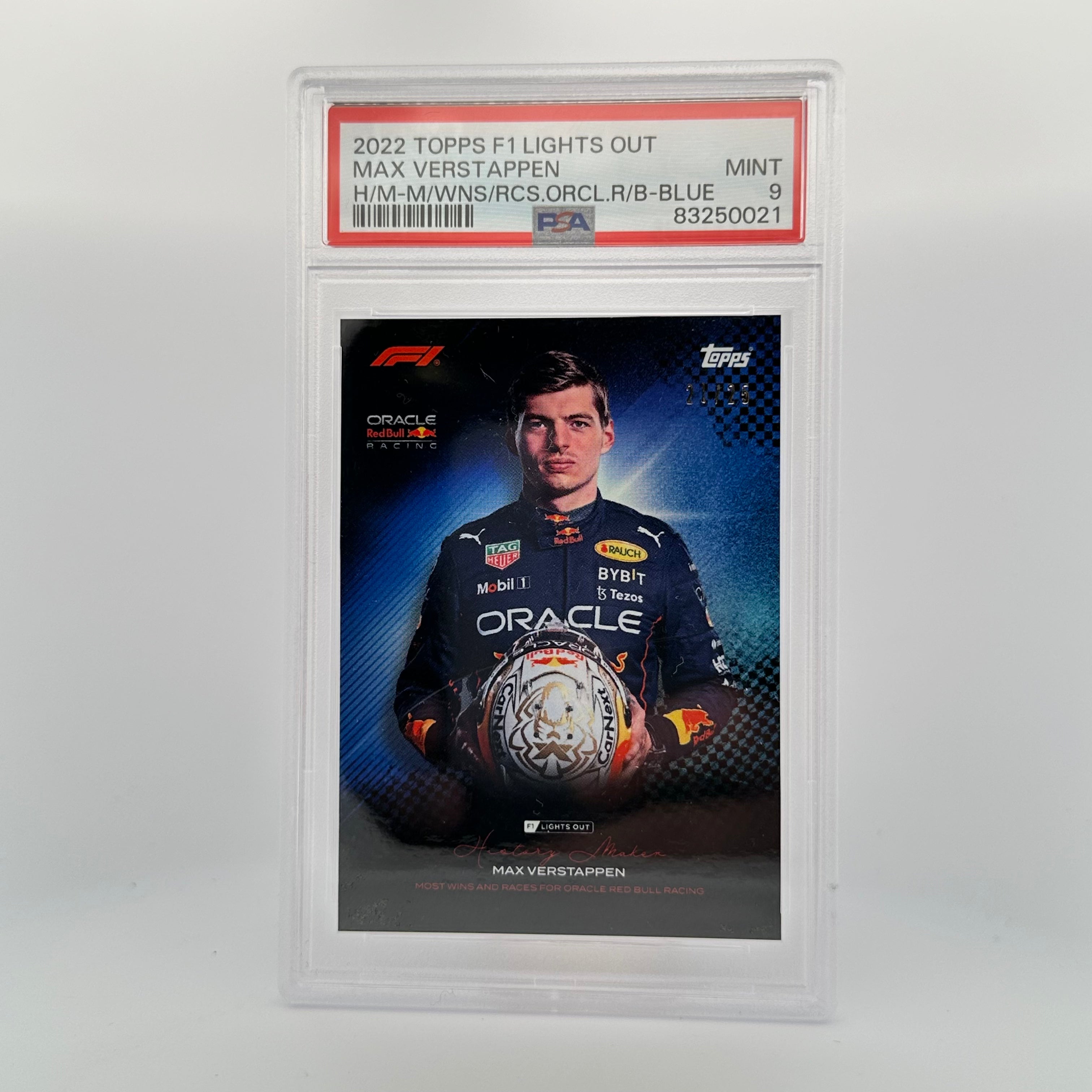 PSA 9 Graded 21/25 Max Verstappen History Maker Card - Most Wins & Races for Oracle Red Bull Racing (Blue) - Perfect for F1 Collectors and Racing Memorabilia Displays