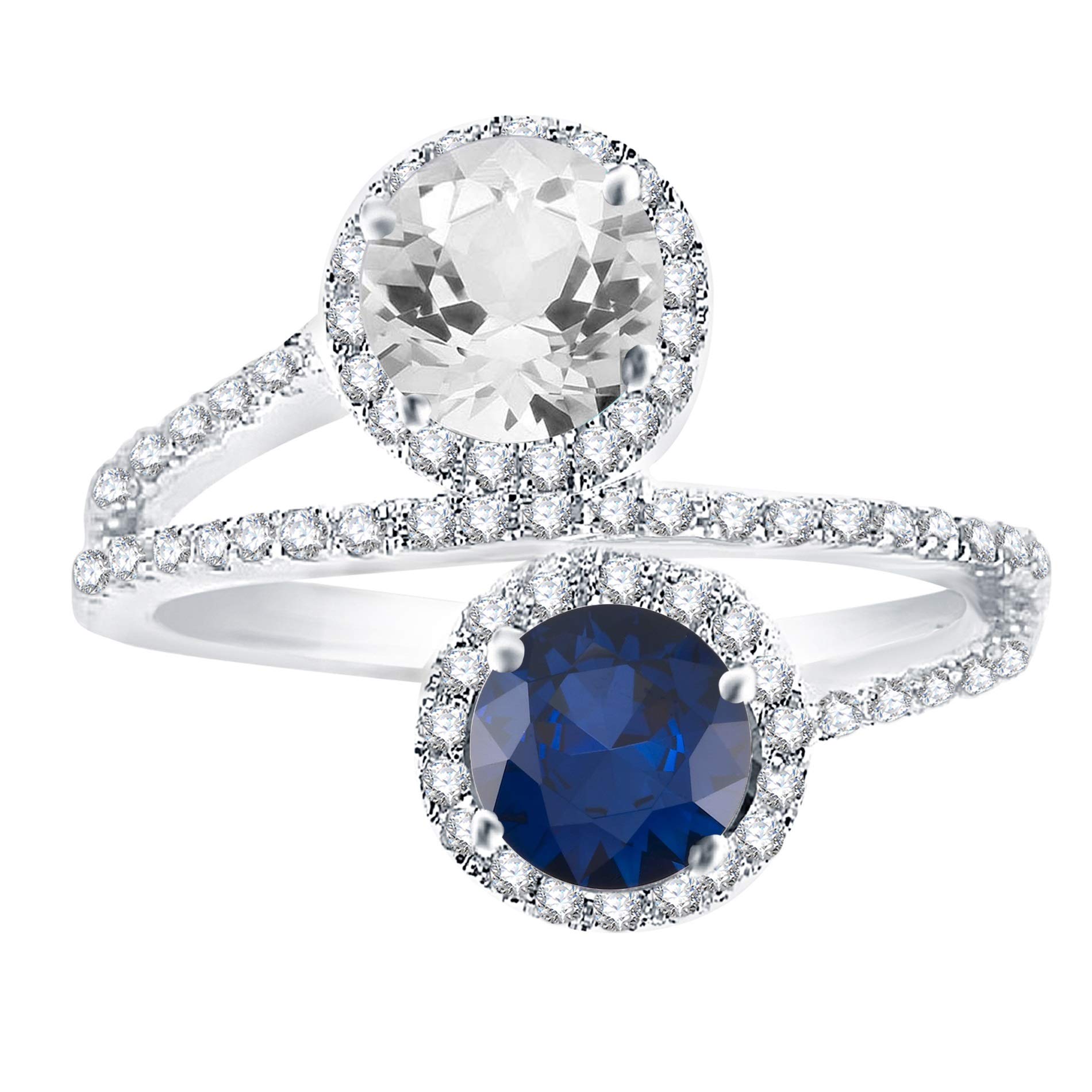 Blue Sapphire & White Topaz Sterling Silver Bypass Halo Ring – Elegant Jewelry for Engagement, Wedding & Special Occasions