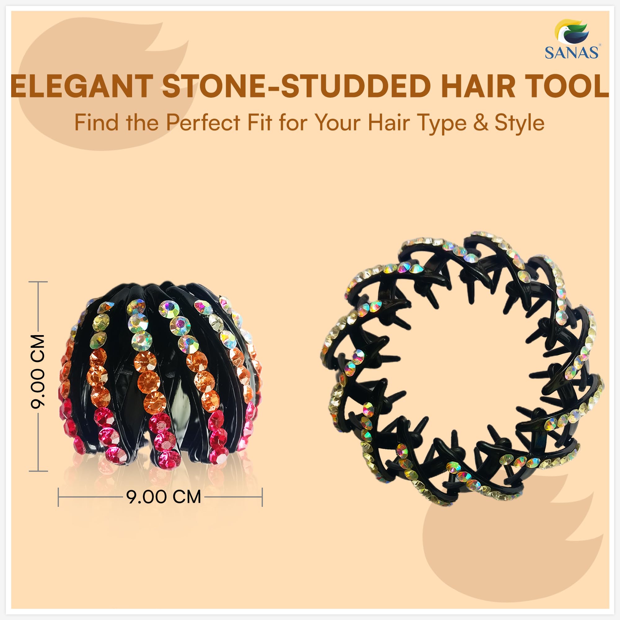 3Pcs Sanas Bird Nest Hair Bun Maker Set - Ponytail Holder, Stone Hair Clips & Fancy Hair Accessories for Women | Perfect for Weddings, Parties & Everyday Styling