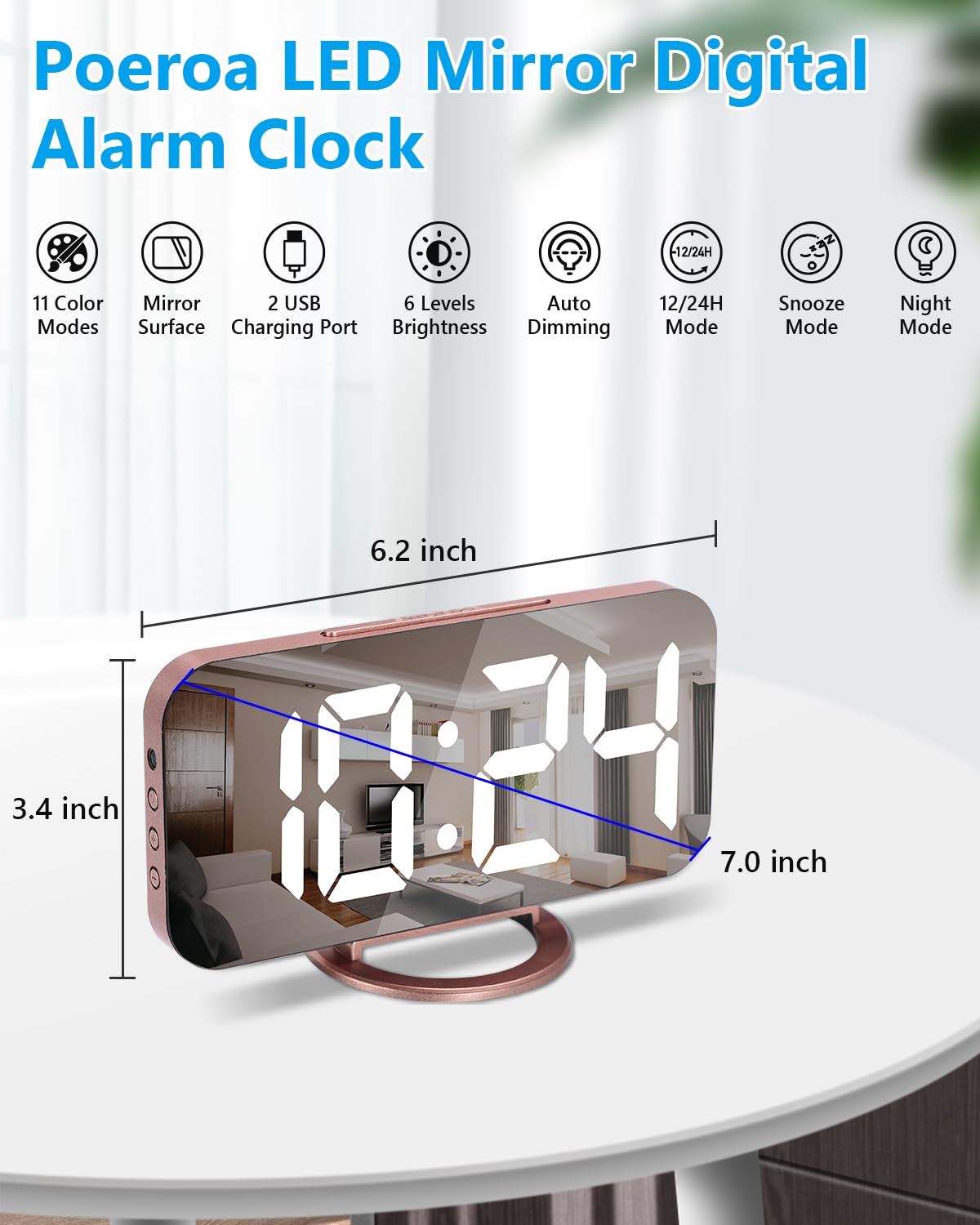 7 Inch LED Digital Alarm Clock with Large Mirrored Display, Dual USB Charger Ports, Auto Dim & Snooze - Modern Rose Gold Desk/Wall Clock for Bedroom, Living Room & Office | Perfect for Nightstands, Home Decor & Gift Giving