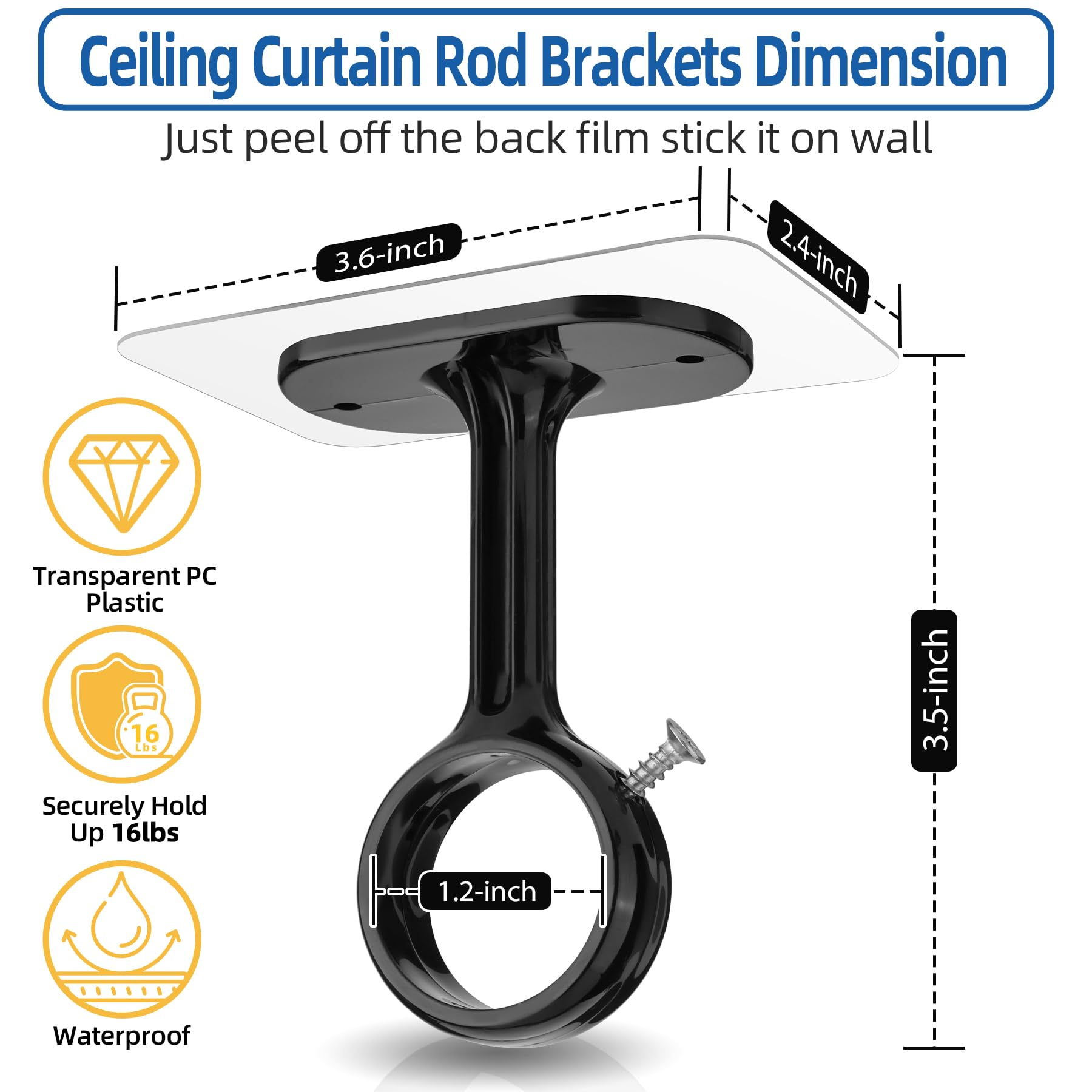 No-Drill Self-Adhesive Curtain Rod Brackets (10 Pack) - Black Adjustable Ceiling Mount Hooks for 1.2