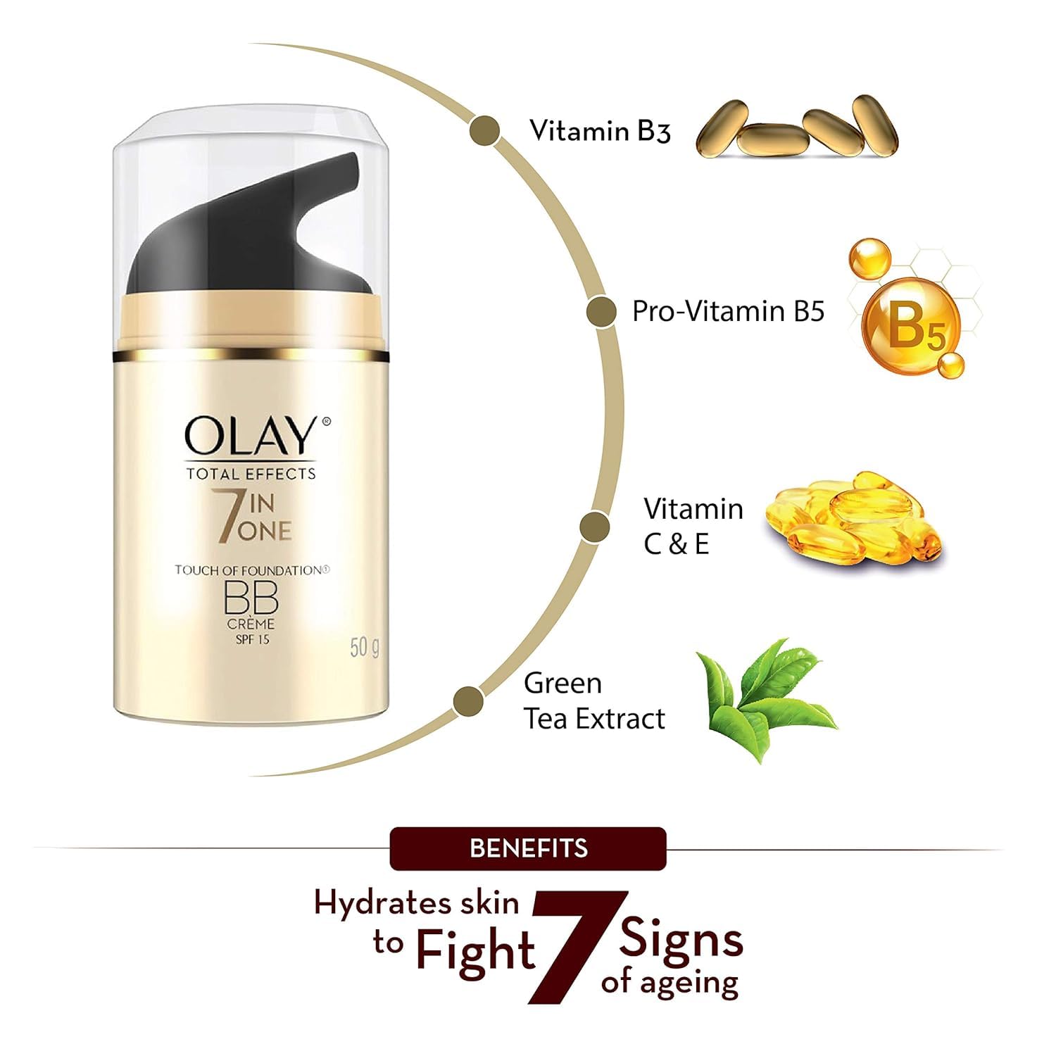 Olay Total Effects Anti-Aging Moisturizing Cream with Niacinamide & Green Tea Extract | Fights Wrinkles, Dark Spots & 5 Other Signs of Aging | For Normal, Oily, Dry & Combination Skin | 50g SPF 15 BB Cream | Perfect for Daily Skincare Routine & Sun Protection