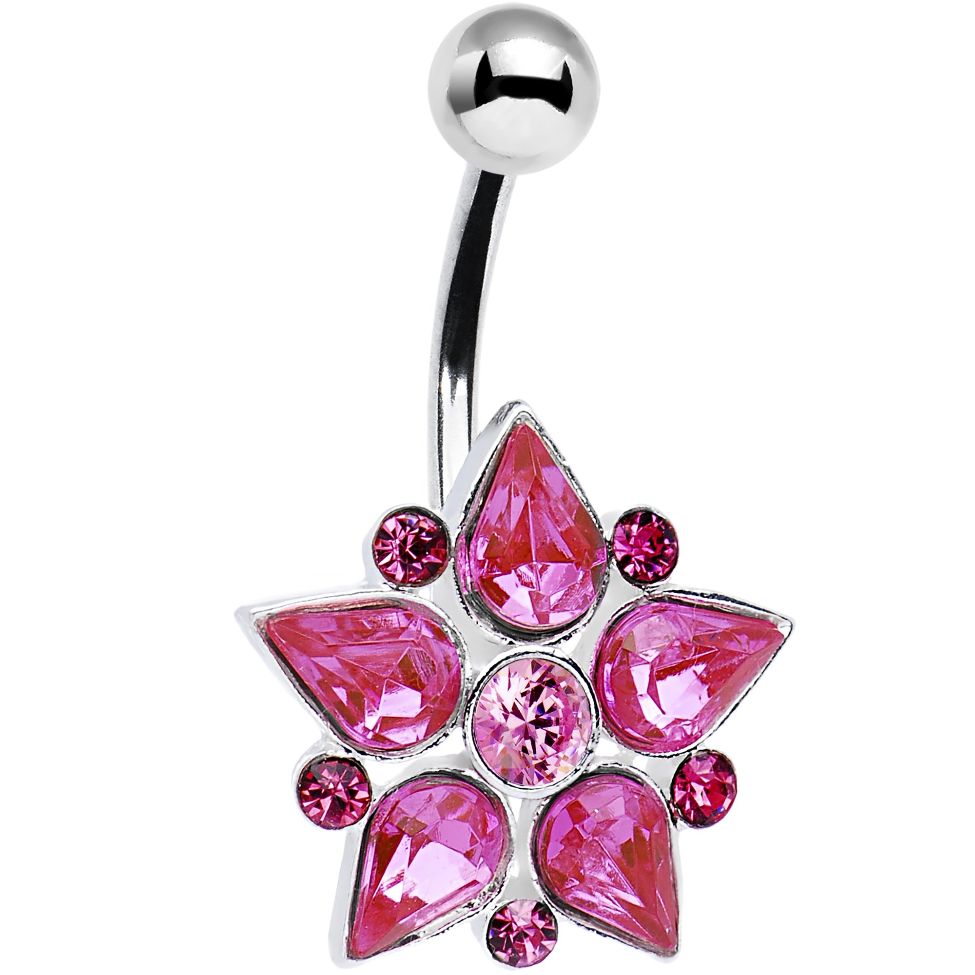 Stainless Steel Barbell Belly Ring with Pink Teardrop Flower Accent - Body Jewelry for Navel Piercing | Perfect for Everyday Wear, Parties & Special Occasions