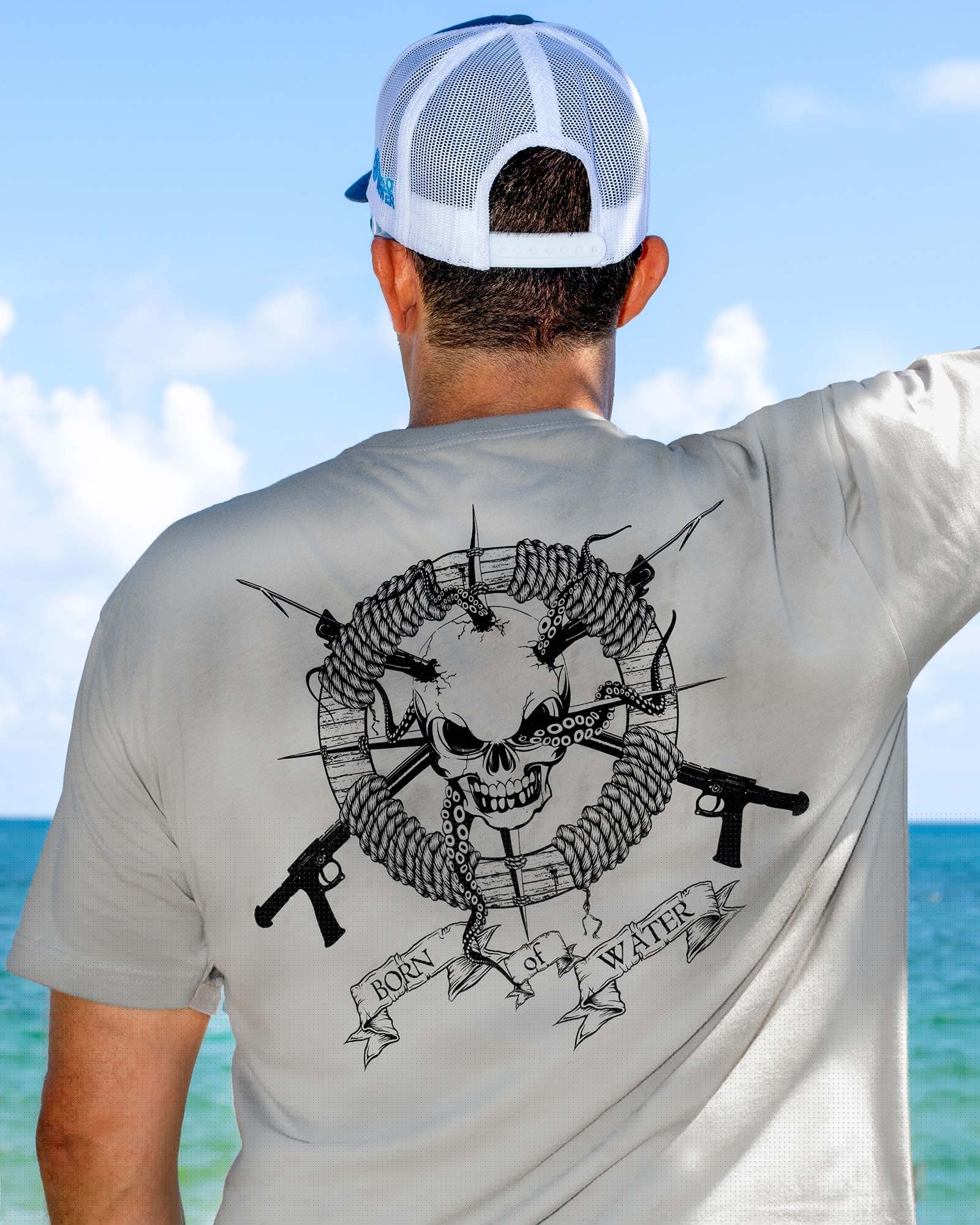 Men's Skull and Speargun Spearfishing T-Shirt - Short Sleeve Fishing, Scuba Diving, Boating, Beach Wear for Outdoor Adventures and Water Sports