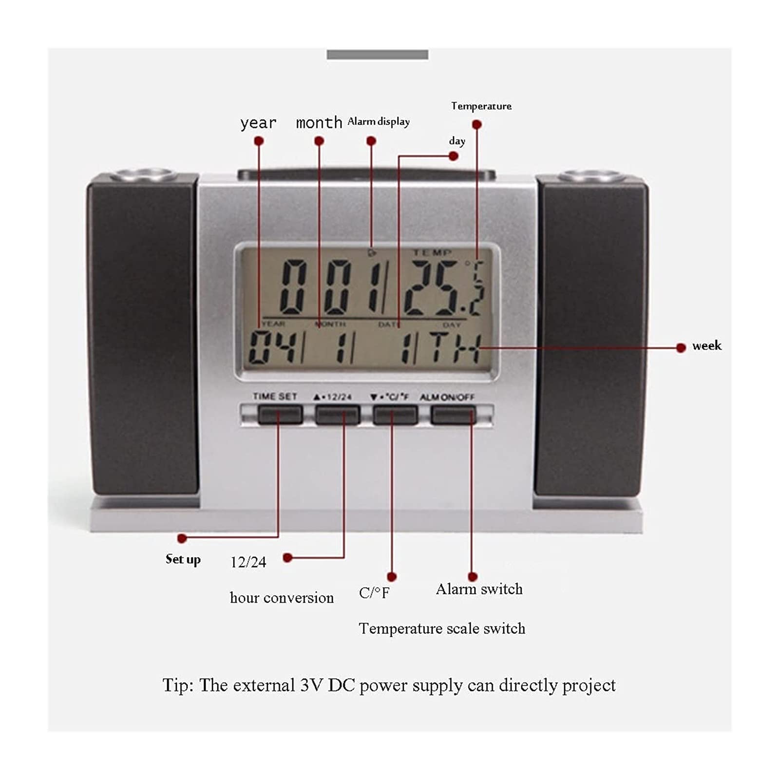 HHWKSJ Digital Alarm Clock with Ceiling Projection - Dual Alarms, USB Charger, Temperature & Humidity Display, Large LED Mirror - Perfect for Bedrooms, Home Office & Travel Use