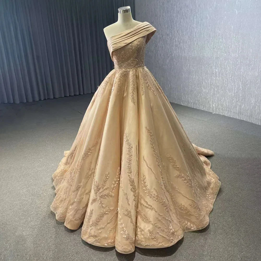 Serene Hill Gray One Shoulder Lace Up Beaded Luxury Ball Gown Wedding Dress 2025 | Custom Made Bridal Gown HM231074 | Perfect for Formal Weddings, Red Carpet Events & Evening Galas