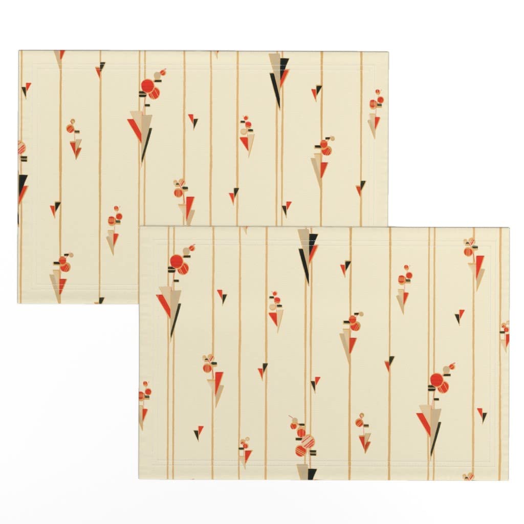 Art Deco Stripe Linen Cotton Canvas Placemats Set of 2 - Elegant Minimalist Beige & Red Geometric Print Table Mats for Dining, Kitchen Decor, and Party Settings
