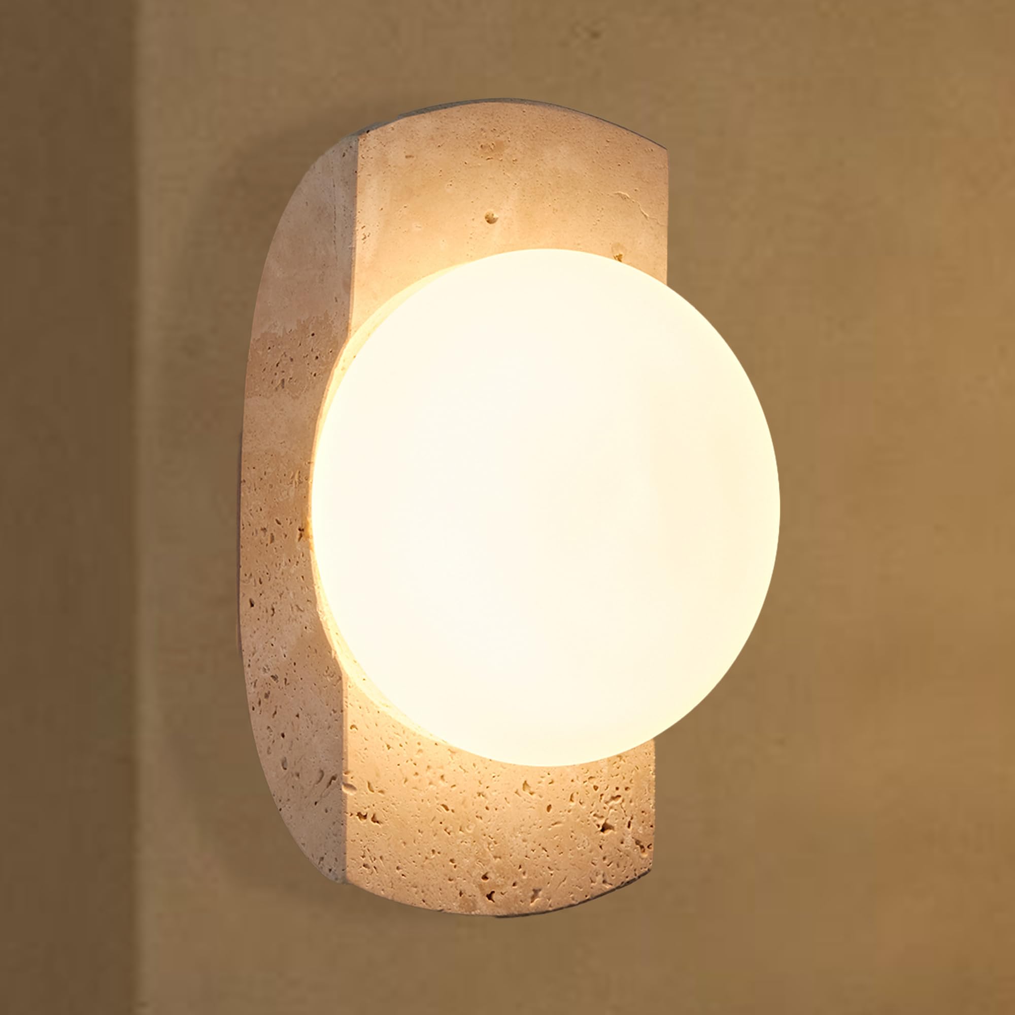 Handmade Travertine Wall Lamp - Organic Marble Wall Sconce with Milk Glass Shade, Natural Style Mounted Light for Entryway, Hallway, Bedroom & Living Room | Perfect for Modern Home Decor, Hotel Lighting and Cozy Ambiance