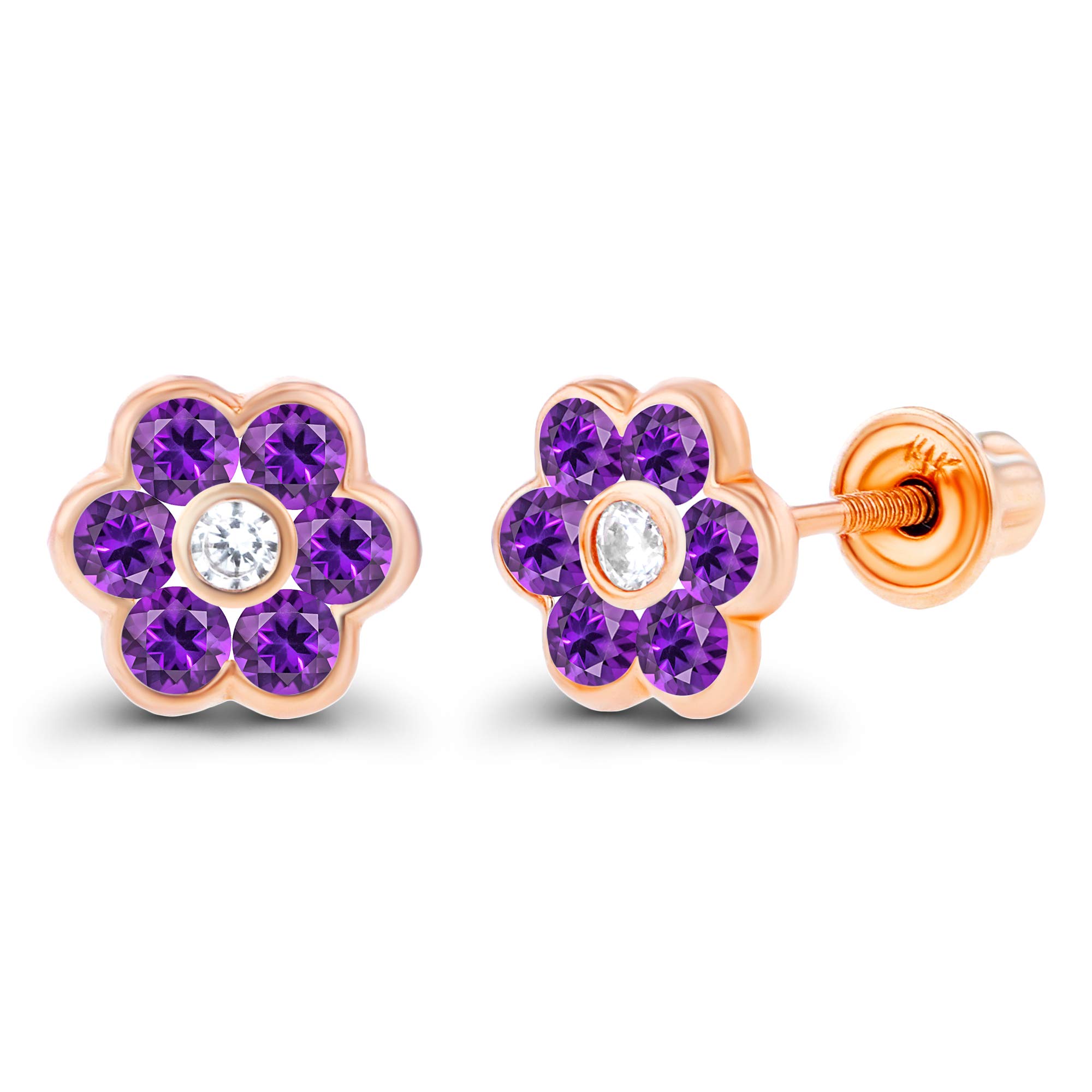 14K Solid Gold 6mm Natural Birthstone Screwback Stud Earrings for Women | 1.75mm Birthstone & 1.25mm White Sapphire Halo | Elegant Gift for Mother's Day, Birthday, Anniversary | Hypoallergenic, Comfort Fit