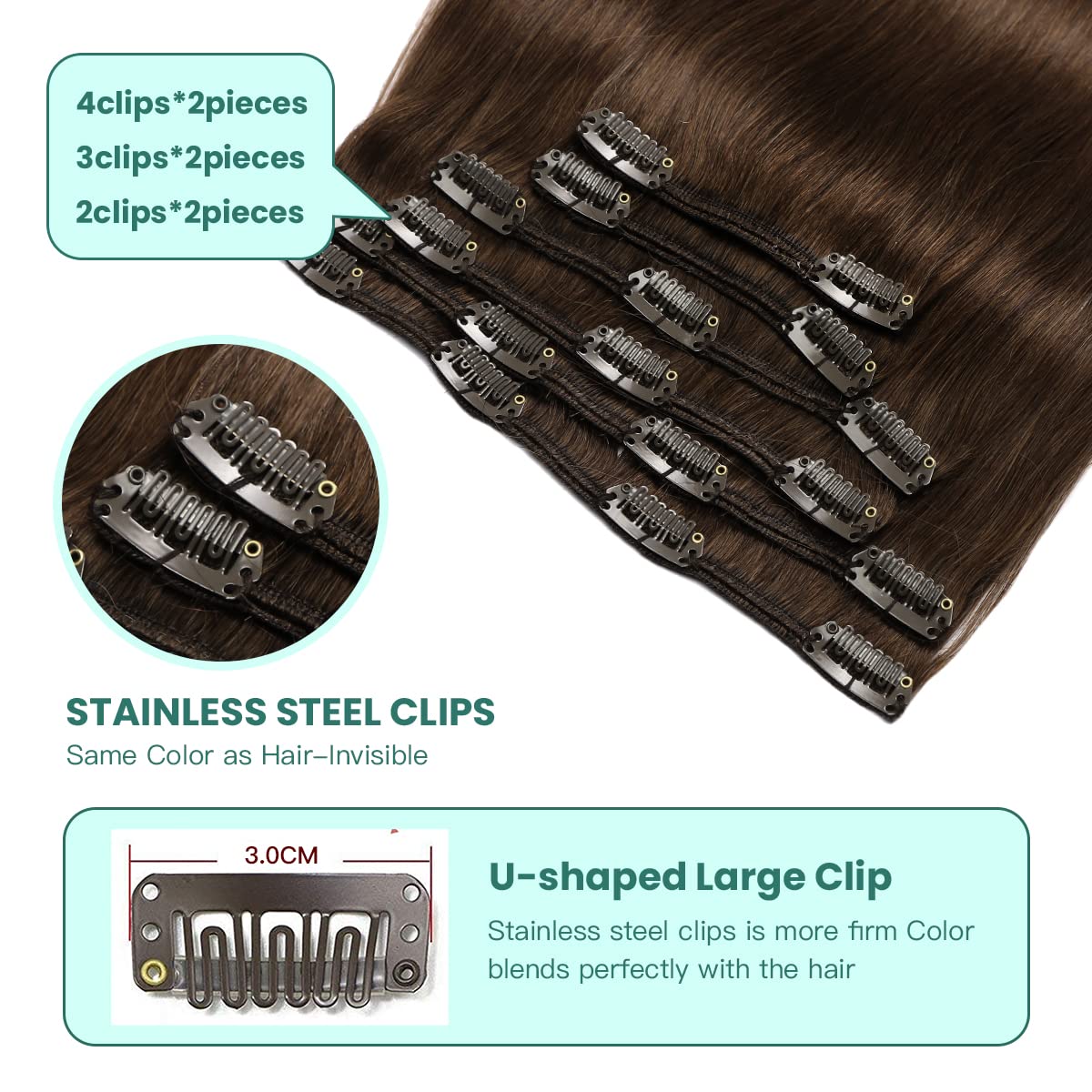 VINBAO Remy Clip-in Human Hair Extensions - 16 Inch Double Drawn Straight Hair (#4 Medium Brown) 100g 6pcs - Seamless Thick Ends for Natural Volume & Style | Perfect for Daily Wear, Parties & Special Occasions