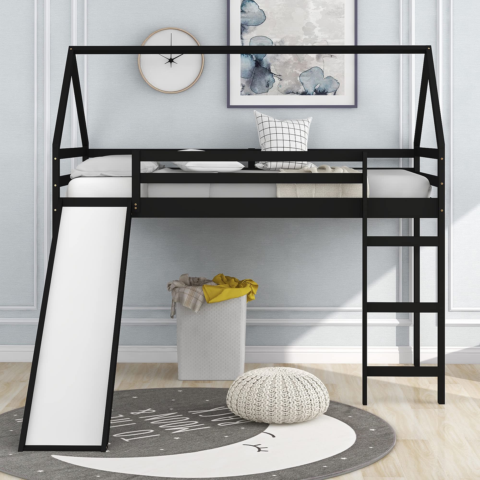P PURLOVE Twin Size Wooden Loft Bed with Slide for Kids & Teens - Low Profile House Bed with Fun Slide, No Box Spring Needed - Perfect for Small Bedrooms, Playrooms & Dorm Rooms