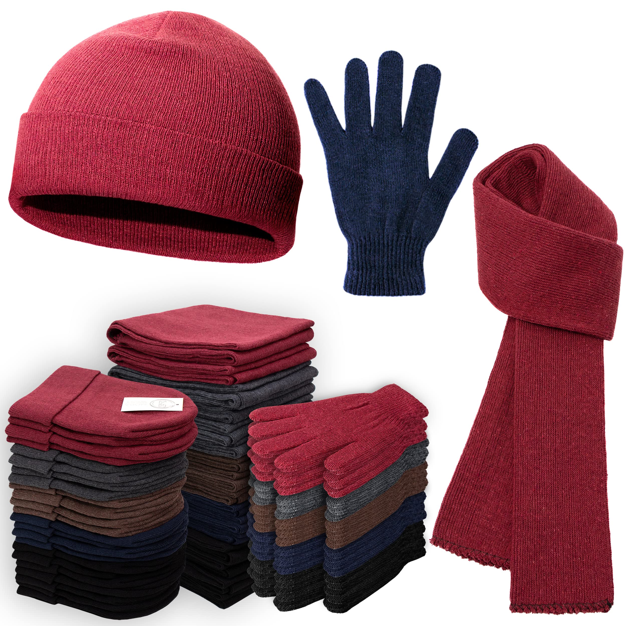 72-Pack Winter Accessories Bundle - 24 Pairs of Gloves, 24 Scarves & 24 Beanies - Bulk Cold Weather Supplies for Emergency Kits, Homeless Shelters & Charity Donations - Perfect for Winter Survival, Outdoor Activities & Community Support