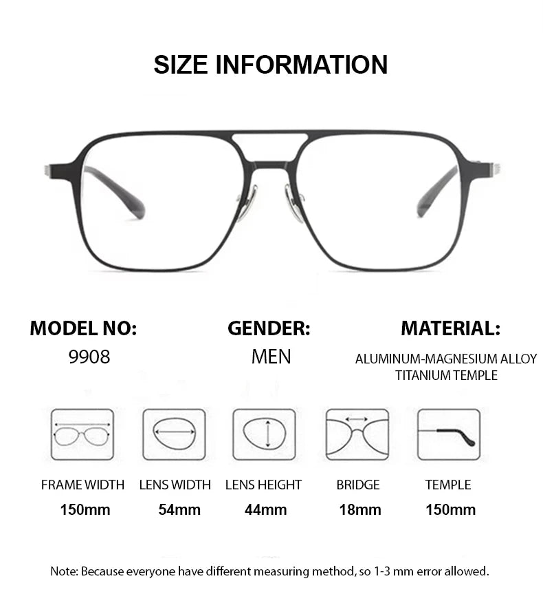Men's Titanium Full Rim Square Double Bridge Eyeglasses with Clip-On Sunglasses - Stylish & Durable for Work, Driving, and Outdoor Activities (Model 99084)