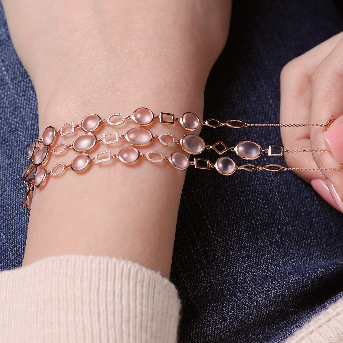 14K Rose Gold Rose Quartz & Geometric Diamond Link Bracelet - Elegant Jewelry for Women, Perfect for Gifts, Weddings & Special Occasions