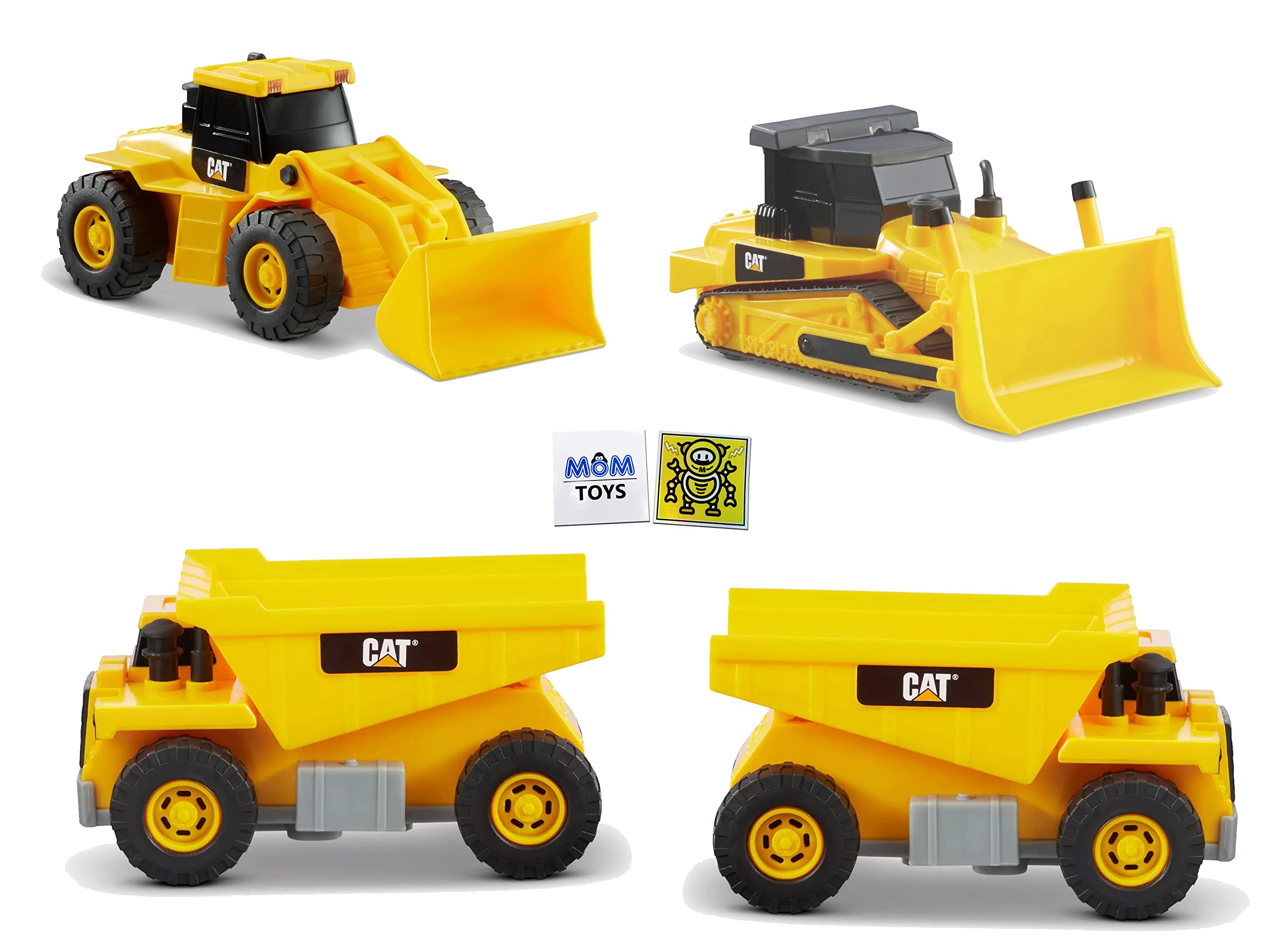 MotionRush Cat Power Mini Construction Toy Set - 4-Pack Bundle with Dump Truck, Wheel Loader, Bulldozer & 2 Outlet Mall Stickers | Fun Educational Toys for Kids, Toddler Playtime & Construction-Themed Birthday Gifts