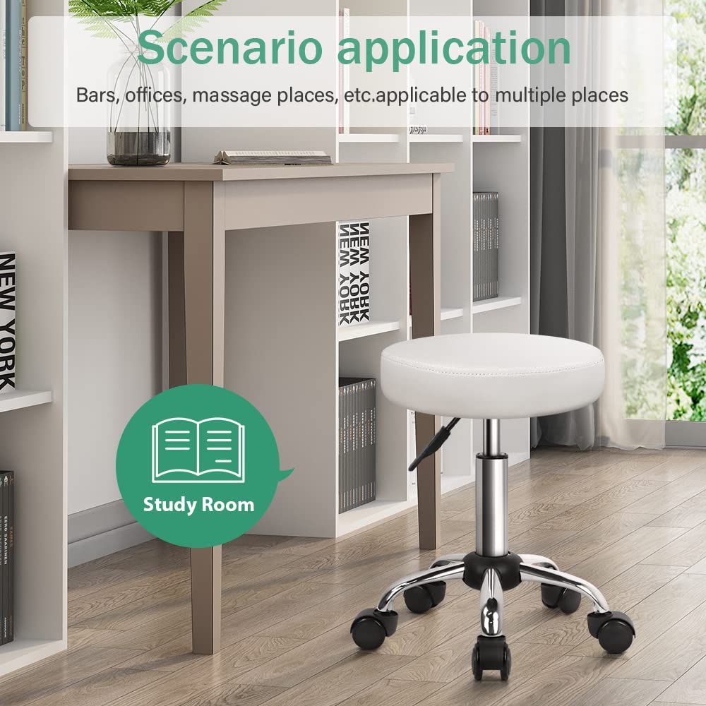 FURWOO Adjustable Salon Chair with Wheels - Rolling Stool for Spa, Massage, Salon, Home & Office - Ergonomic White Stool for Hairdressers, Tattoo Artists & Beauty Professionals - Perfect for Small Spaces & Mobile Services