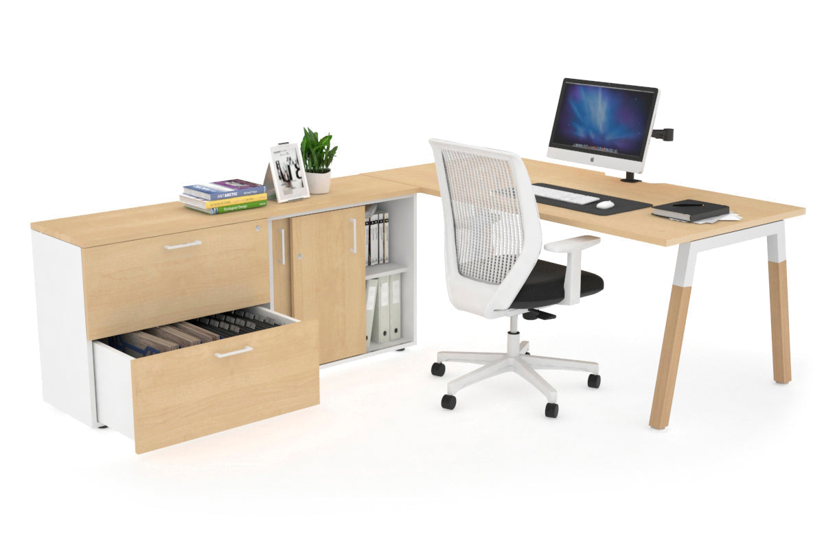 Premium Quadro A-Legs Executive Desk - Solid Wood Legs with White Cross Beam [1600L x 800W] - Modern Office Furniture for Home & Workspace - Includes Cable Management Scallop for Neat Setup