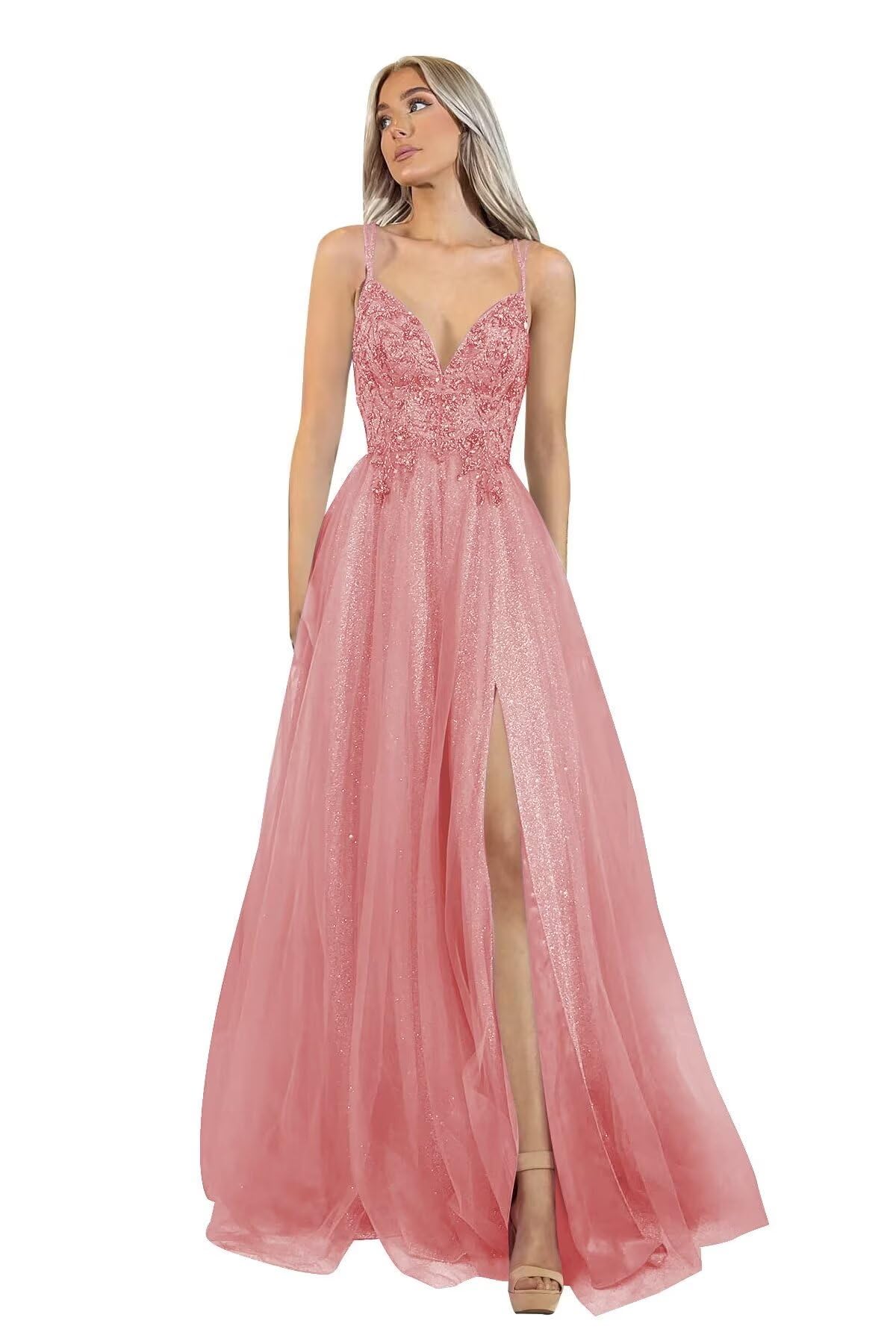 Sparkly Glitter Tulle Prom Dresses for Women 2024 - V Neck Lace A-Line Formal Gown with Spaghetti Straps & Thigh High Slit | Perfect for Homecoming, Quinceañera & Evening Galas