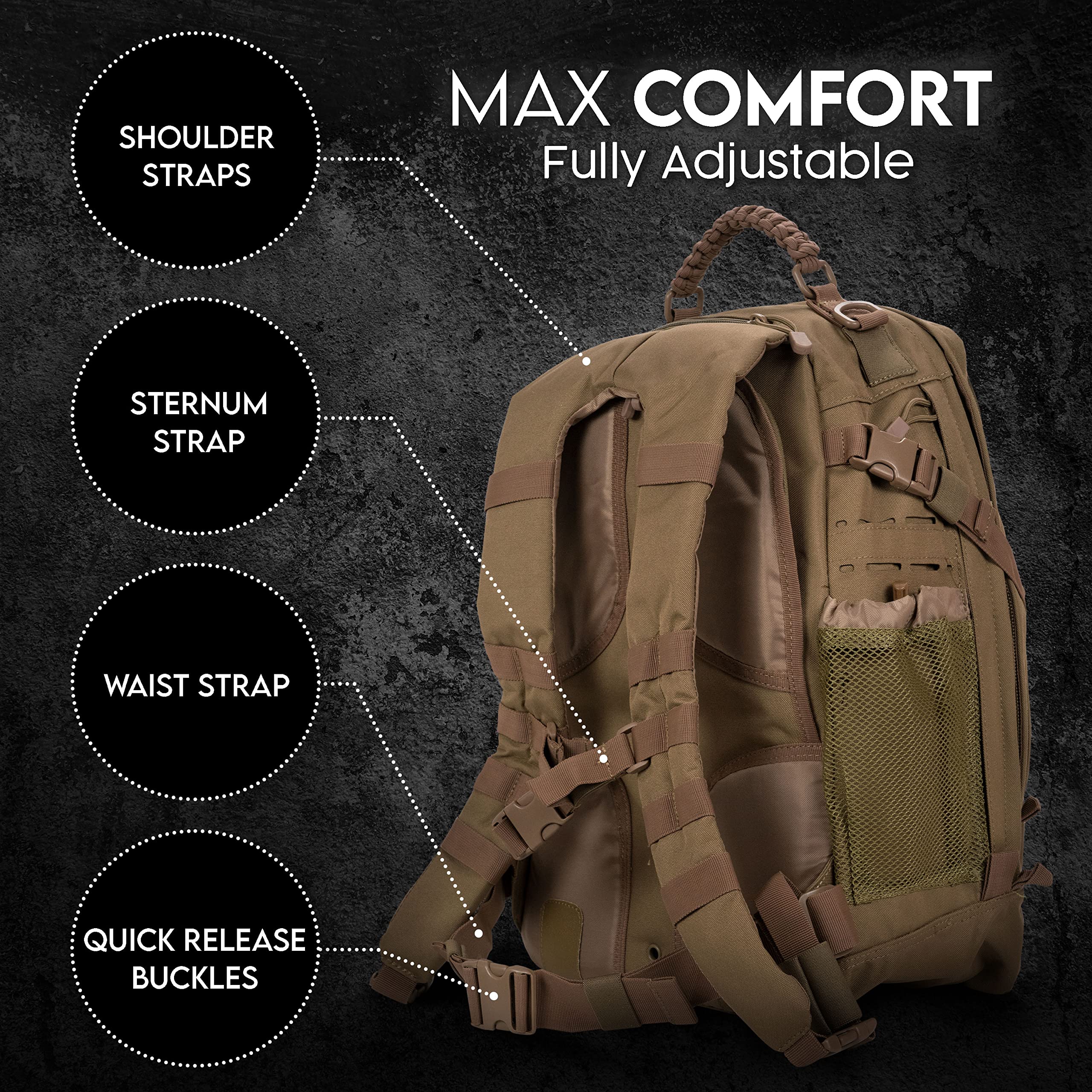 TLO Outdoors TacPack40L 40L Water Resistant Tactical Backpack - Durable Military Daypack, Hiking Rucksack, Travel Gear Bag & Laptop Backpack for Outdoor Adventures, Camping and Daily Commute