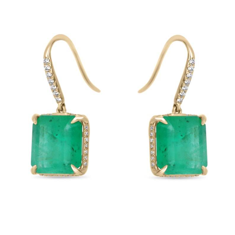 16.80tcw 18K Yellow Gold Dark Green Colombian Emerald and Diamond Lever Back Earrings for Women - Perfect for Weddings, Parties & Special Occasions