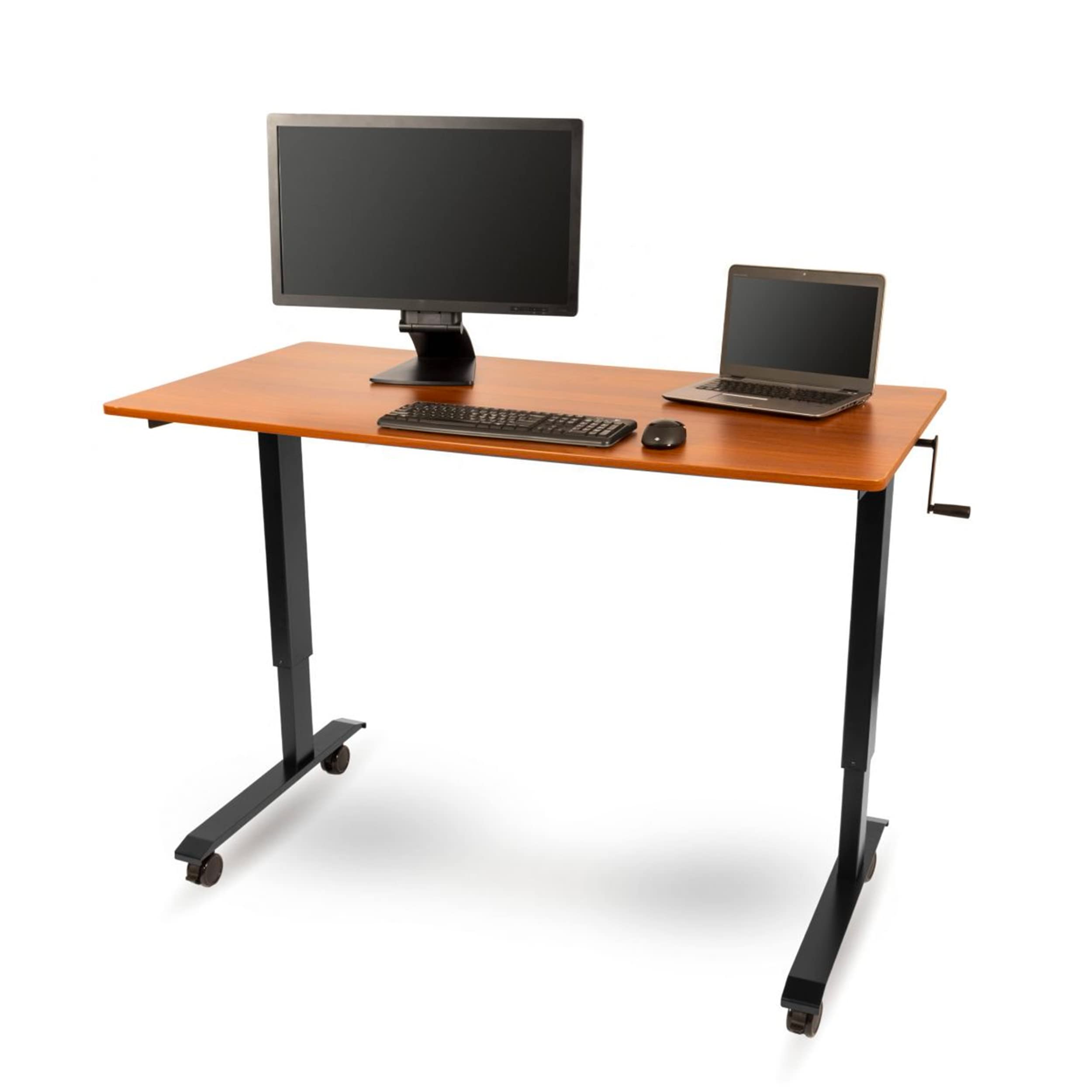 Adjustable Standing Desk with Wheels - Black Frame & Teak Top for Home Office
