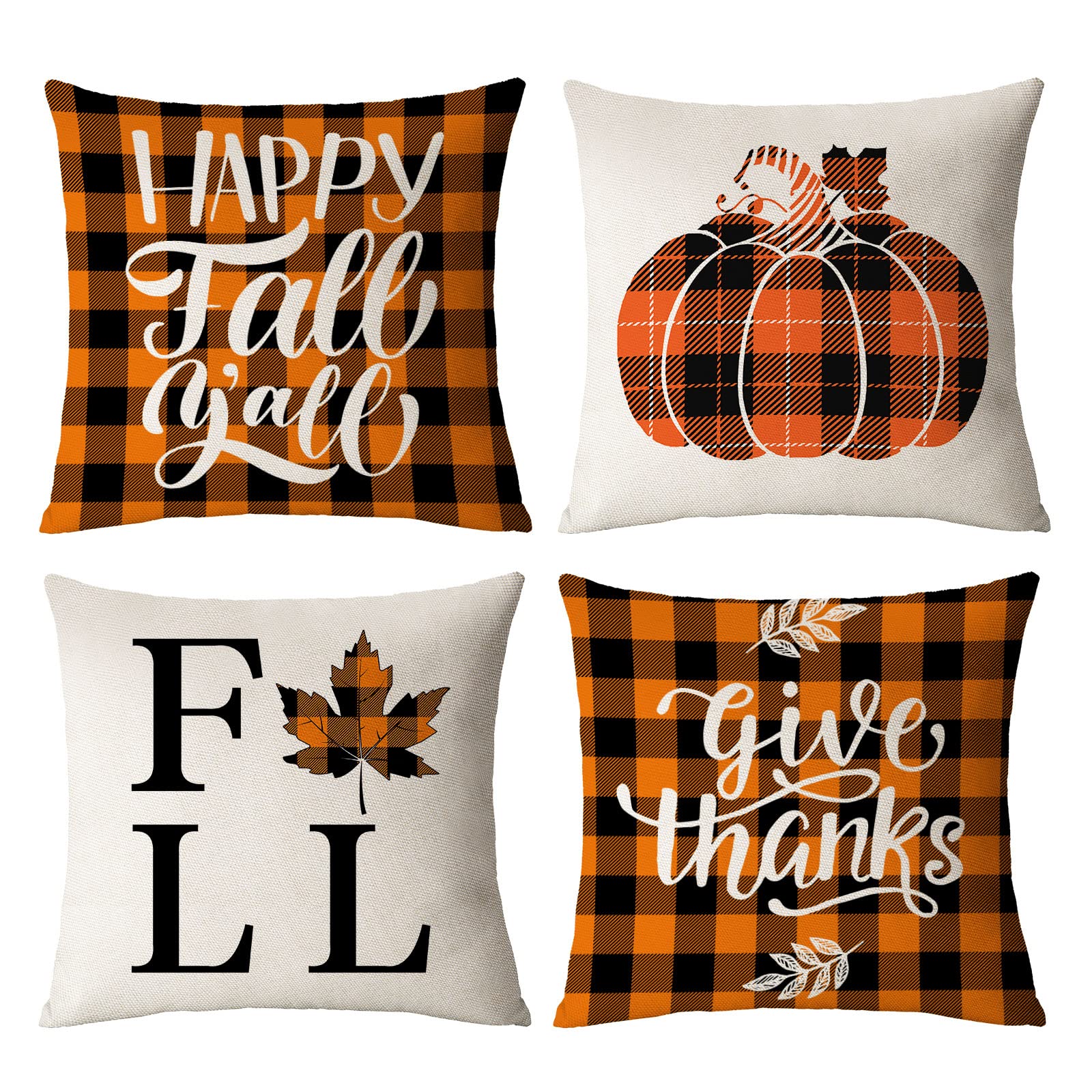 4 Pack 12x12 Inch Fall Pillow Covers - Plaid Pumpkin & Autumn Leaves Thanksgiving Decor for Sofa, Couch - Seasonal Home & Outdoor Decorative Throw Pillow Cases (12x12) - Perfect for Living Room, Porch & Seasonal Home Decor