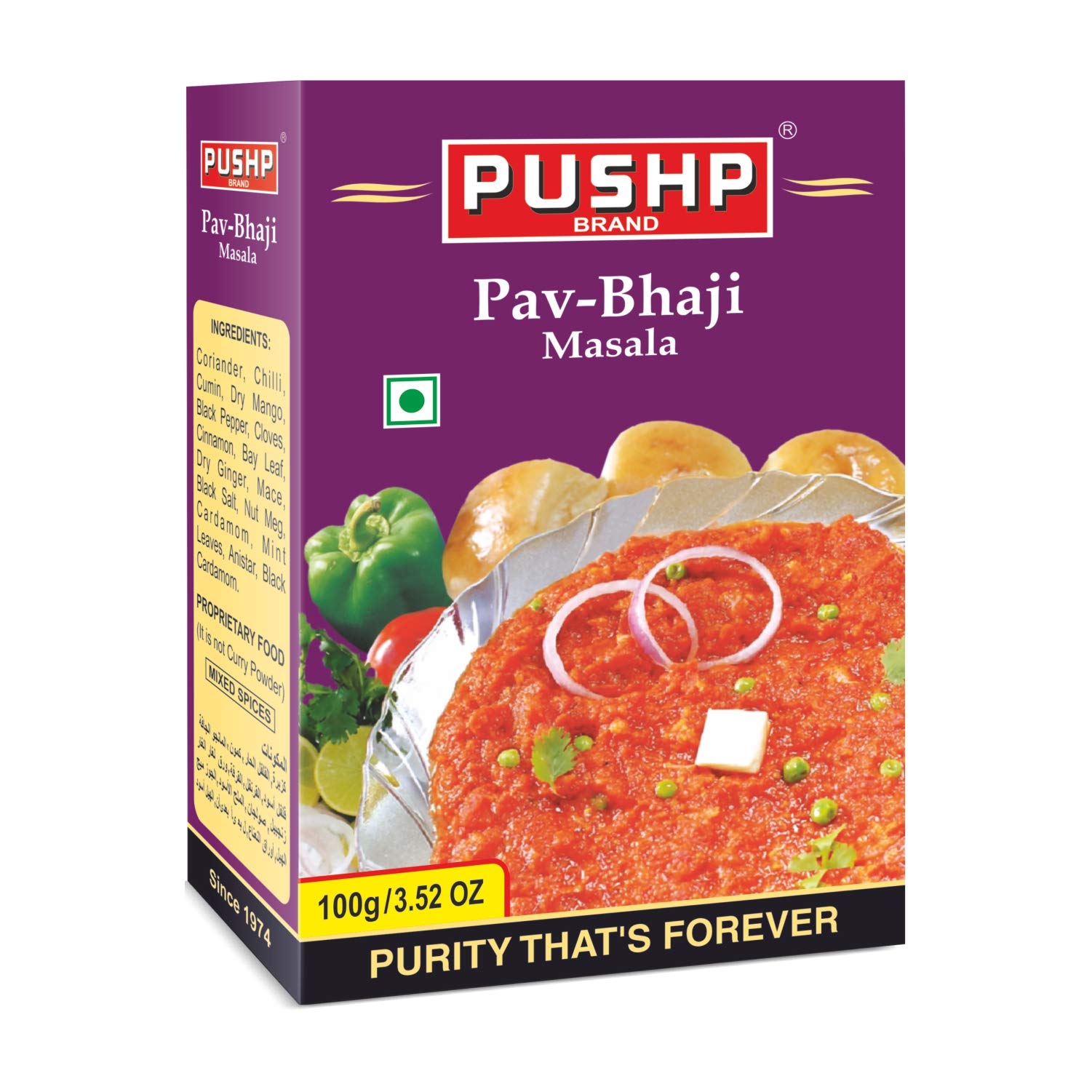 Pushp Brand Pav Bhaji Masala Spice Powder - Authentic Indian Seasoning Mix (100g) - Perfect for Making Mumbai Street Style Pav Bhaji at Home | Great for Vegetarian Dishes, Snacks & Party Food