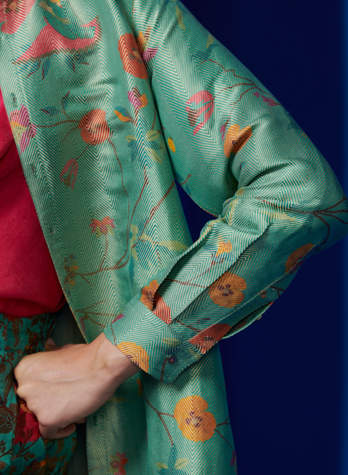 Elegant Oversized Silk Brocade Shirt in Aqua Blue - Perfect for Boho Chic Outfits & Special Occasions