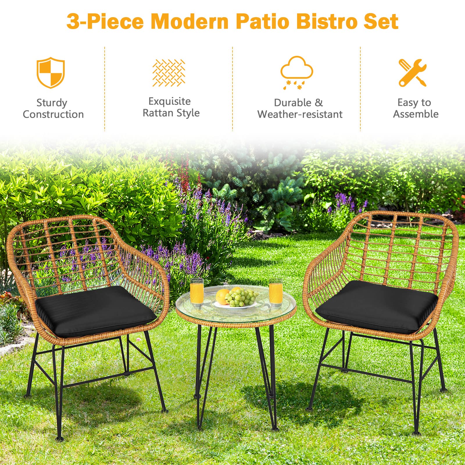 **HAPPYGRILL 3-Piece Rattan Bistro Set with Steel Frame, Round Coffee Table & Soft Cushions - Outdoor Patio Furniture for Garden, Balcony, or Poolside Relaxation**