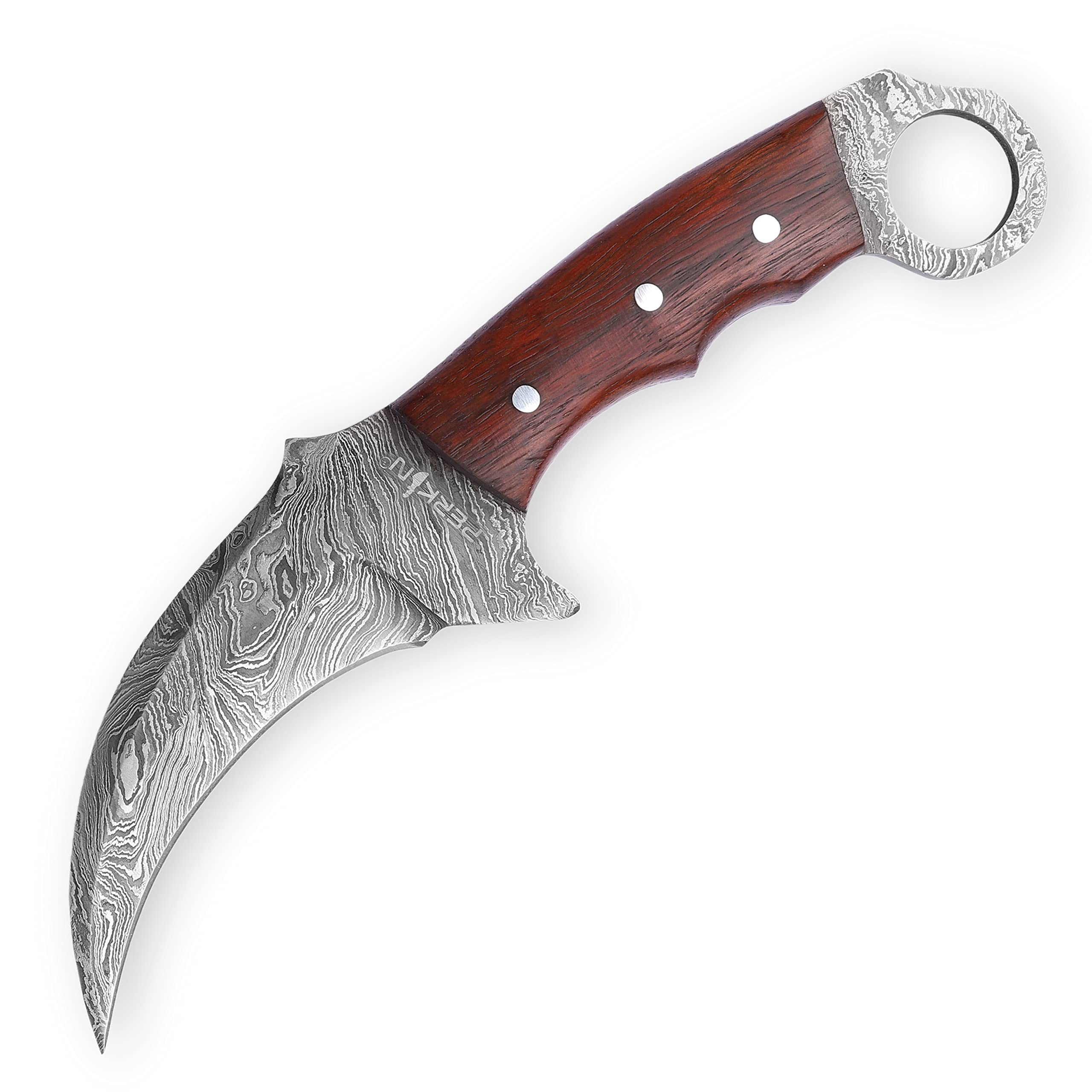 Premium Damascus Steel Hunting Knife with Leather Sheath - Perkin Knives KT101 Fixed Blade for Outdoor Survival, Camping & Bushcraft