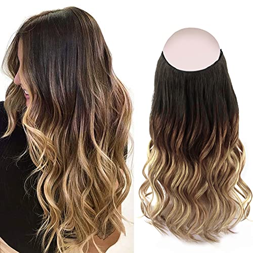 SASSINA Balayage Wire Hair Extensions 12 Inch 80 Grams - Real Human Hair Clip-in Extensions with Removable Wire & Fish Line - Off Black, Ash Brown & Golden Blonde Blend - Perfect for Parties, Weddings & Daily Styling