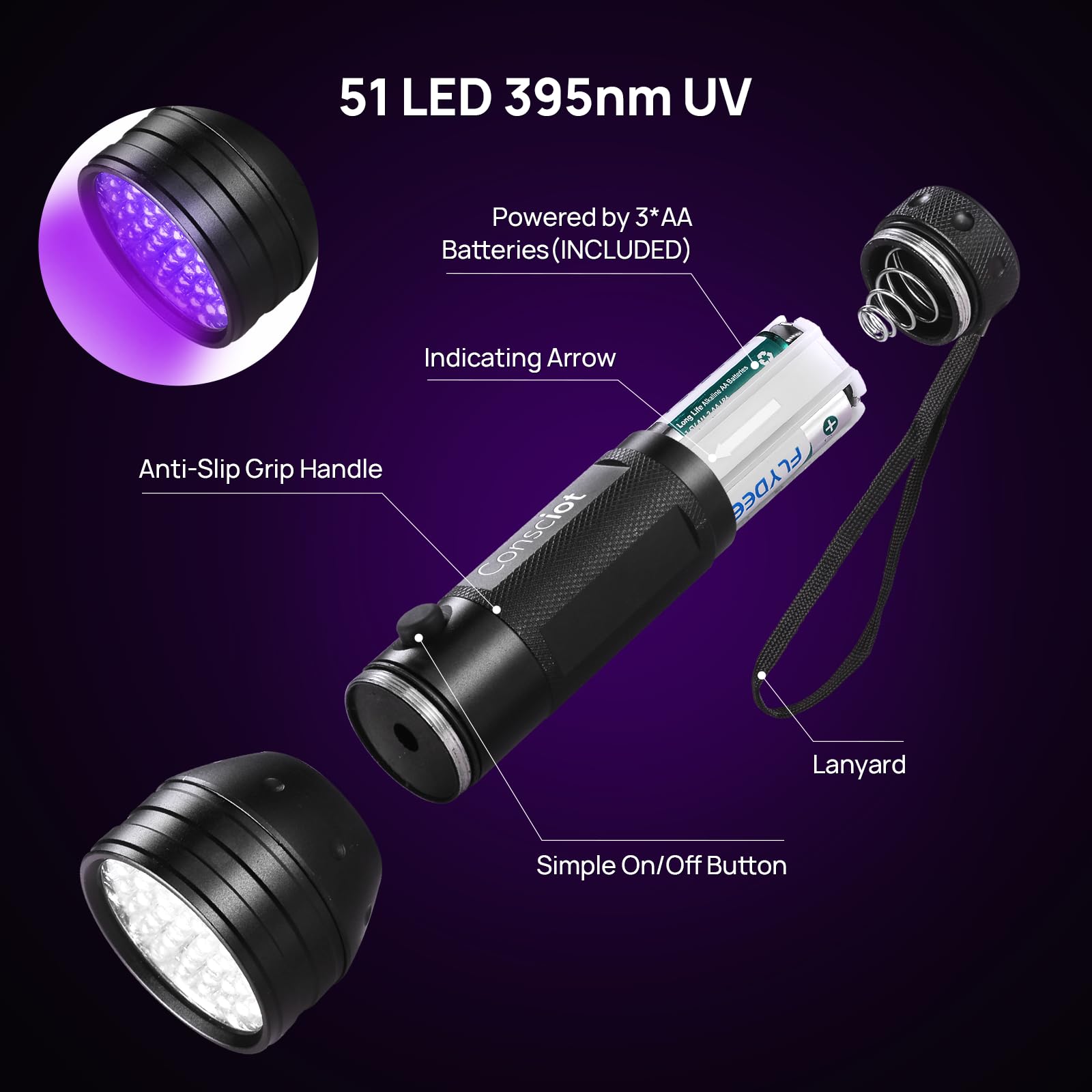 51 LED UV Flashlight Black Light 395nm - Portable Ultraviolet Torch for Detecting Pet Urine, Bed Bugs & Dry Stains | Essential for Pet Owners, Home Inspection & Resin Curing Projects | Works with Odor Eliminators