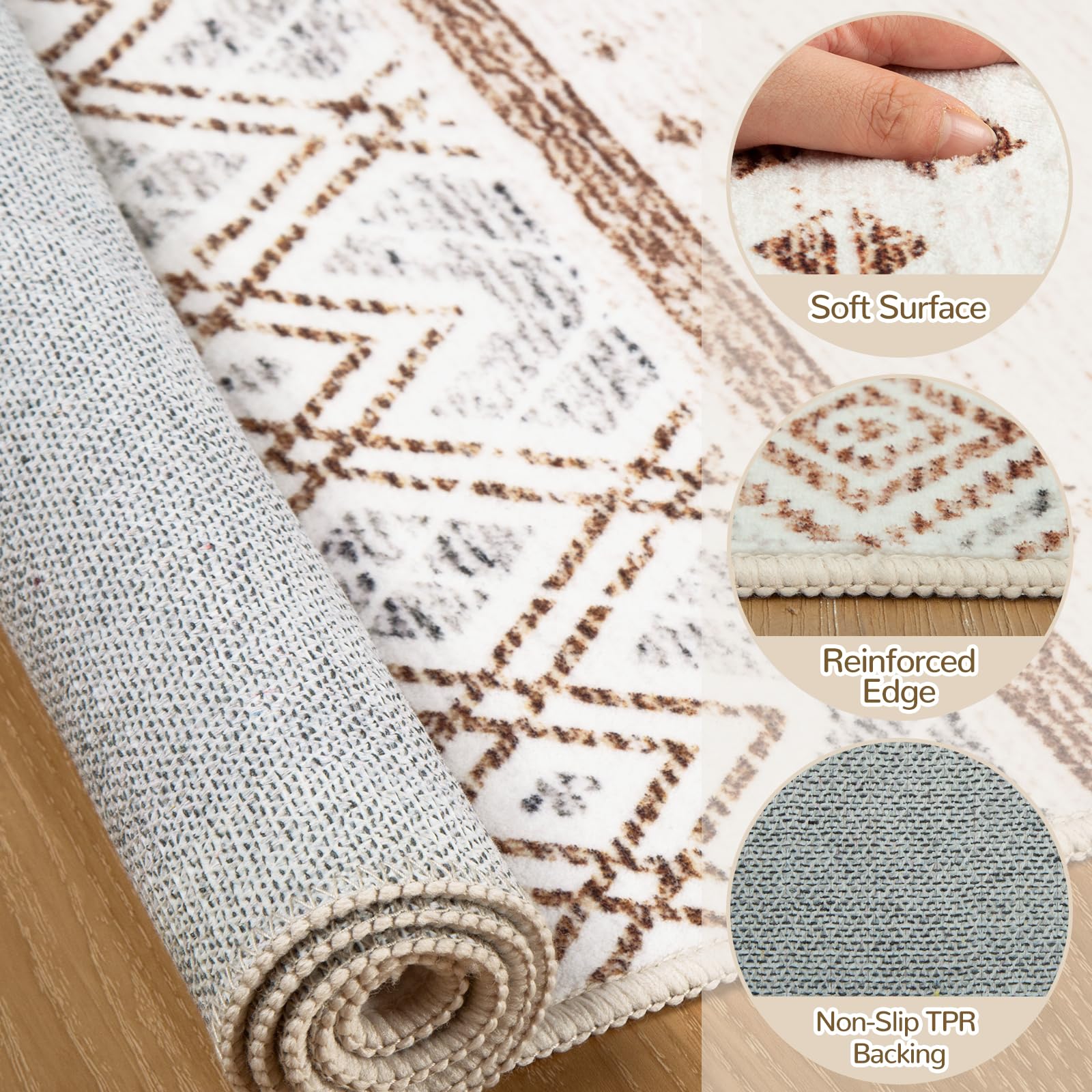 BESTSWEETIE 8x10 Washable Moroccan Farmhouse Area Rug - Soft Low Pile Non-Slip Geometric Print in Cream/Brown/Pink - Perfect for Living Room, Bedroom, Kitchen, Dining Room & Entryway - Neutral Decor for Cozy Home & Farmhouse Style