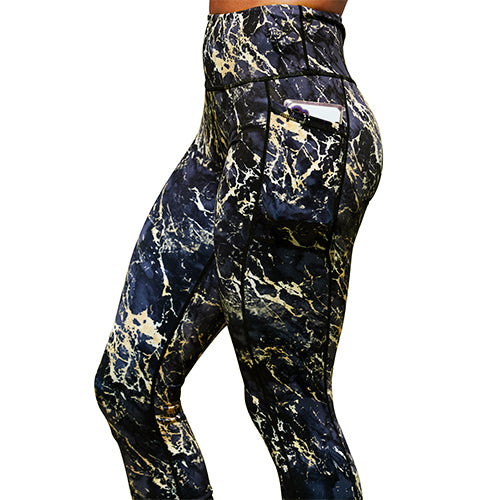 Gold Marble Print High Waist Yoga Leggings for Women - Trendy Workout Pants for Gym, Running & Lounge Wear
