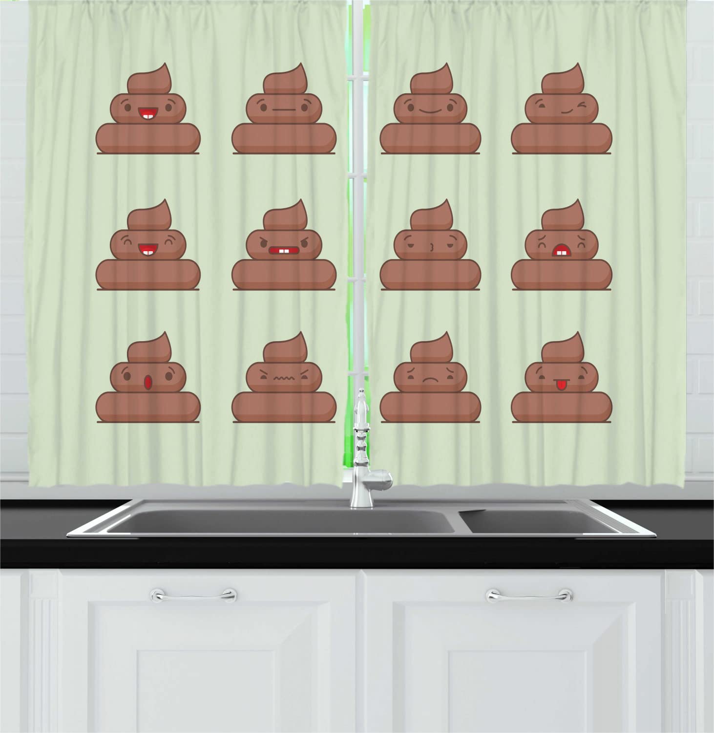 Ambesonne Poop Emoticon Kitchen Curtains - Fun Cartoon Dump Pattern with Various Expressions, 2-Panel Rod Pocket Drapes 55x45 Inch, Green Chocolate - Perfect for Playful Kitchen & Kids Room Decor