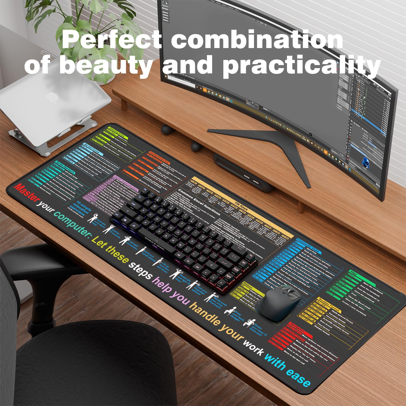 Waterproof Mouse Pad with Excel Cheat Sheet - 9 Major Excel Function Modules & Common Shortcuts - Extra Large XL Desk Mat for Gaming, Office & Computer Work - Perfect for Excel Users, Programmers & Gamers