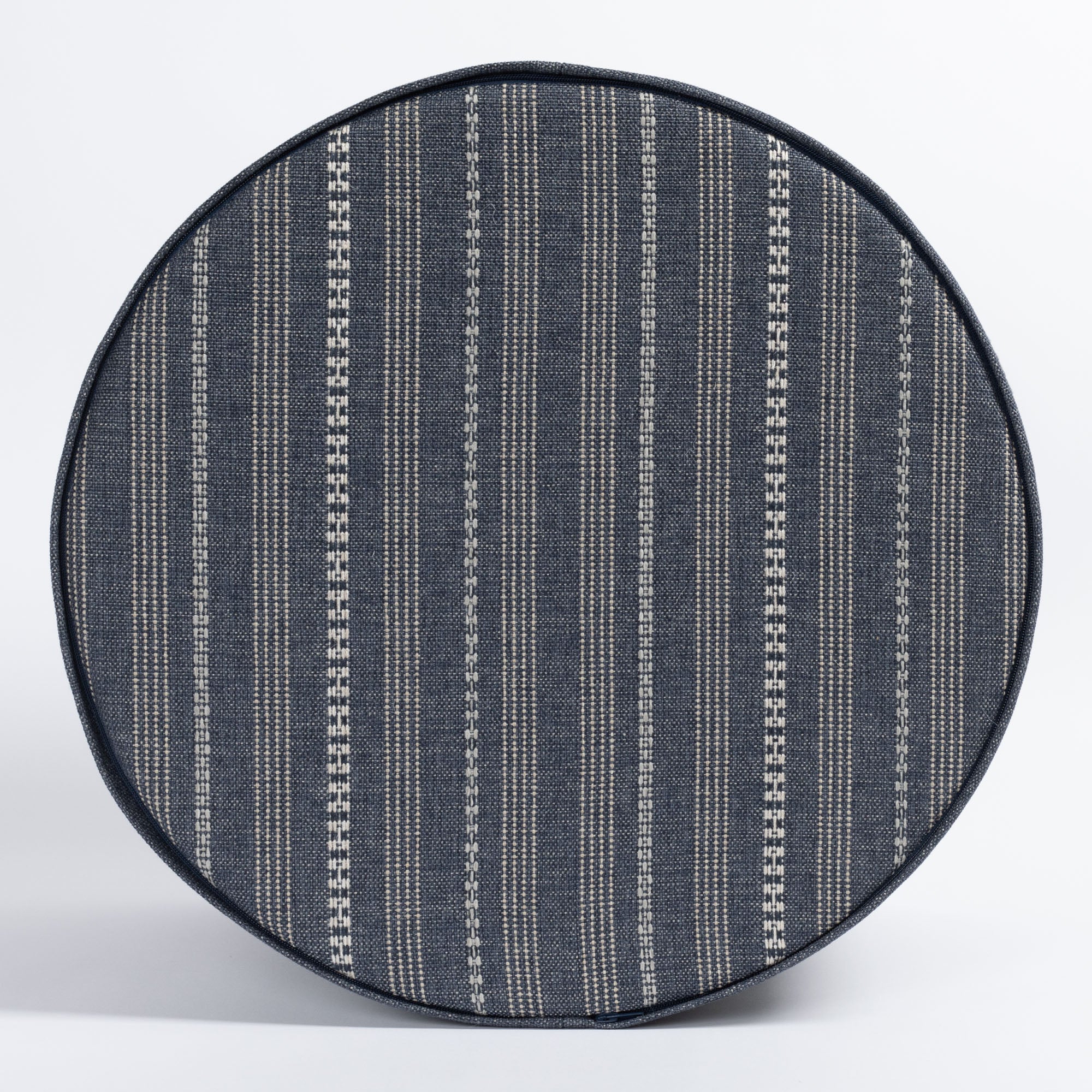 Anya Stripe 18x16 Round Ottoman Pouf in Denim Blue - Perfect for Living Room, Bedroom or Nursery Seating and Storage