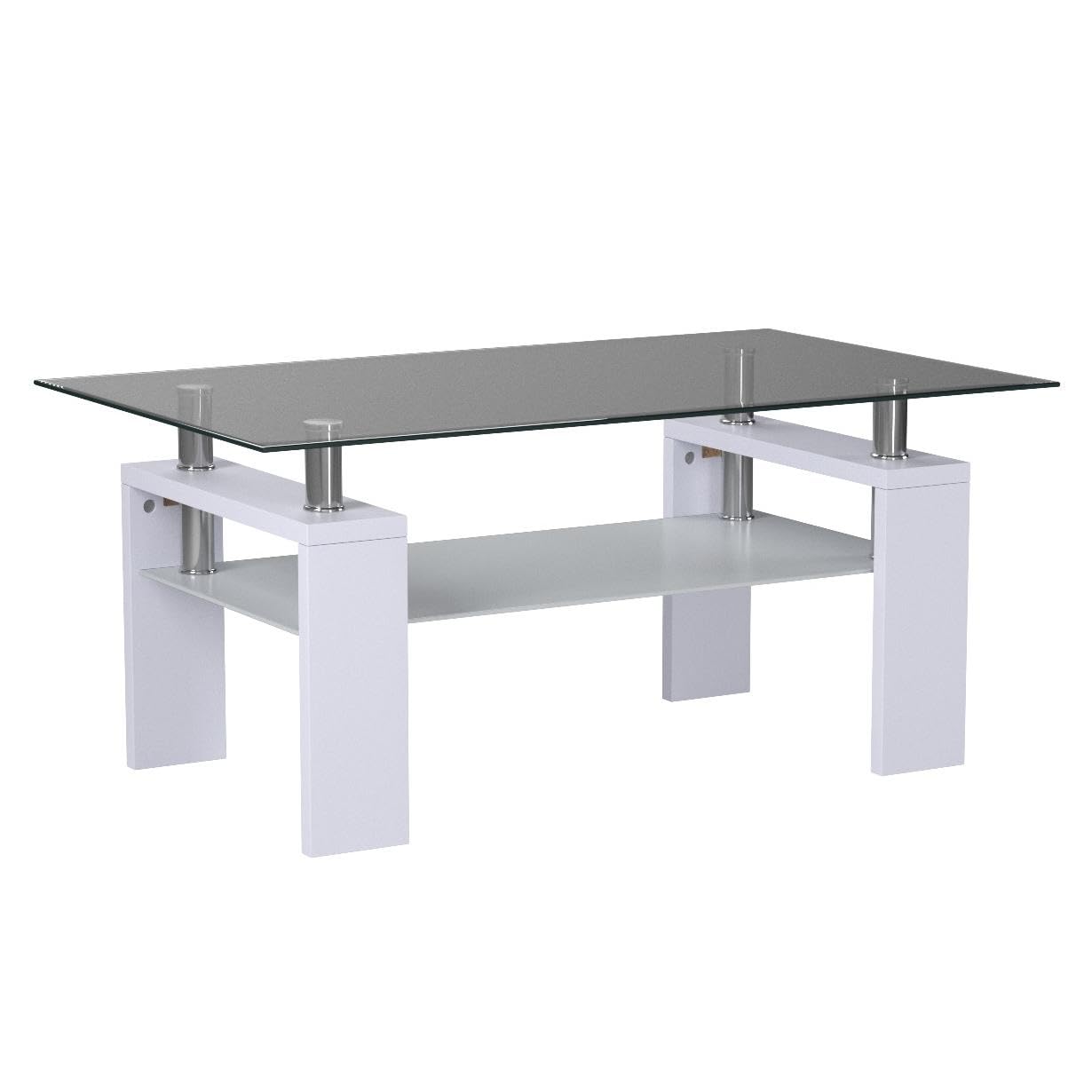 Modern Rectangle Tempered Glass Coffee Table with Sturdy Metal Legs - White Contemporary Living Room Center Table for Home, Office & Lounge - Perfect for Entertaining, Relaxation & Conversation Areas